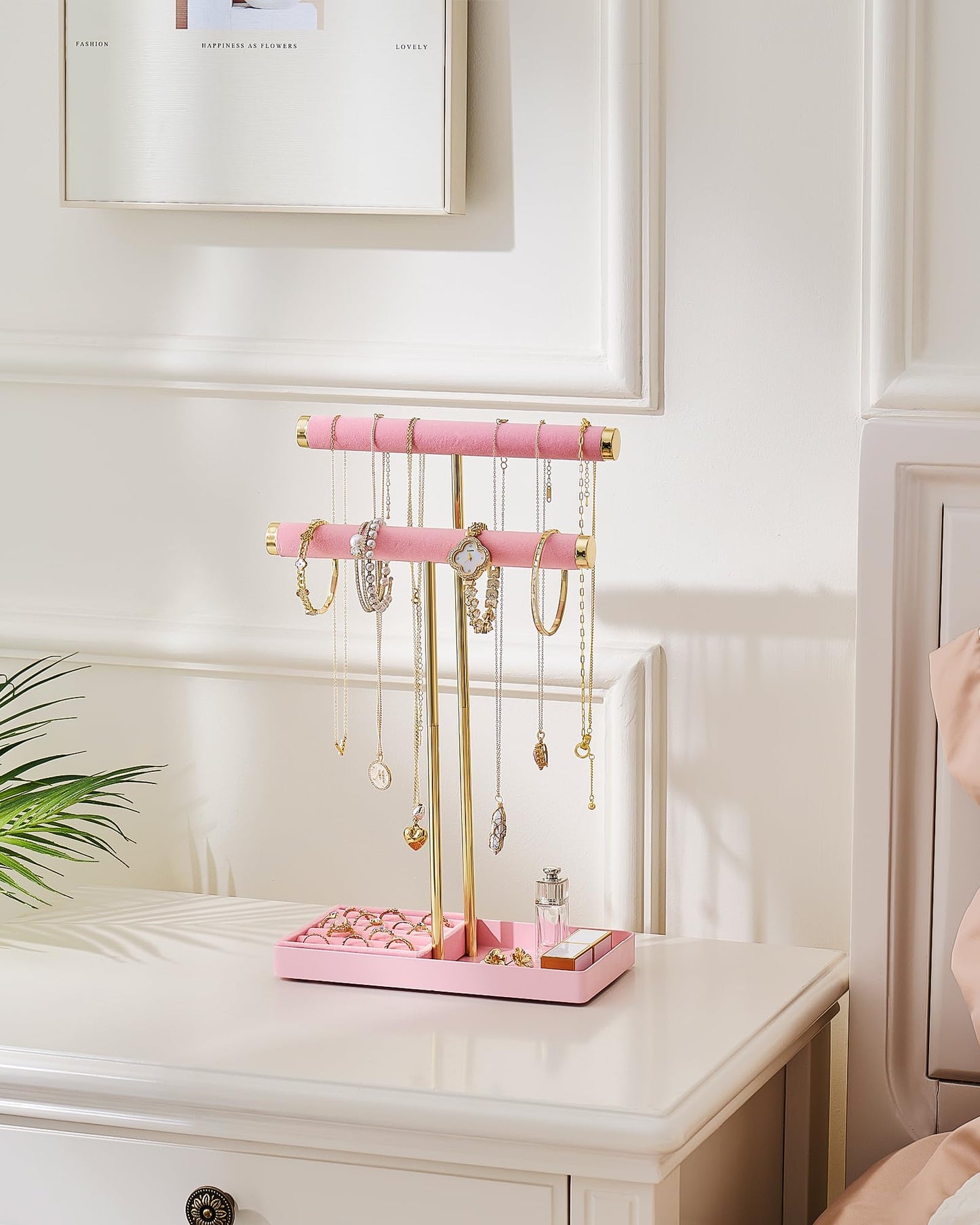 Lolalet 2-Tier Necklace Holder Display, Velvet Wrapped Jewelry Organizer with Removable Ring Tray, Tall Bracelet Stand for Bangles Watches Earrings, Gifts for Mom Girls Women Mother's Day -Pink
