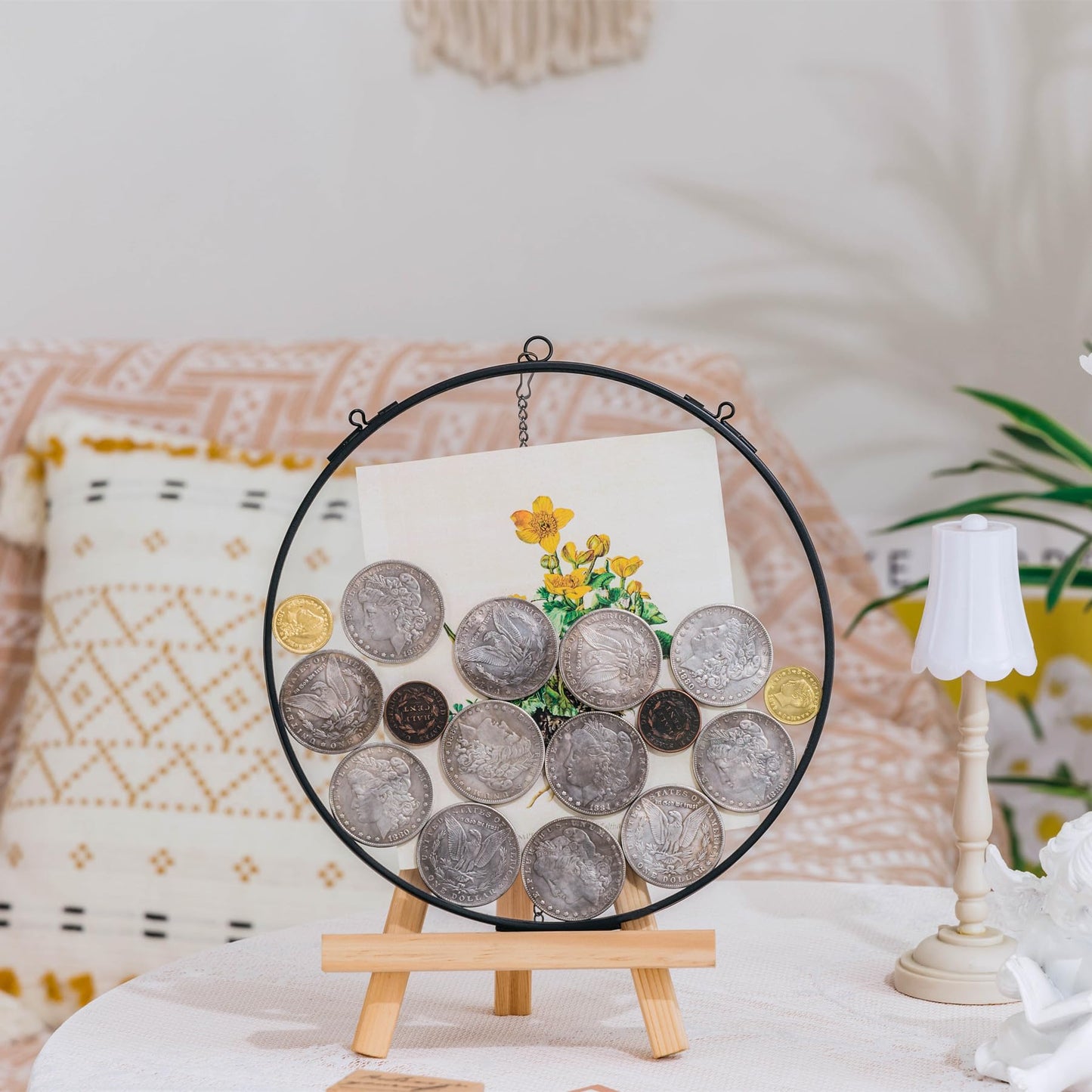 NCYP Deep Floating Glass 8 Inch Round Hanging Display Frame for Pressed Flowers, Thick Dried Flowers, Leaves, Botanical Art, Keepsakes, Black (Glass Frame Only)