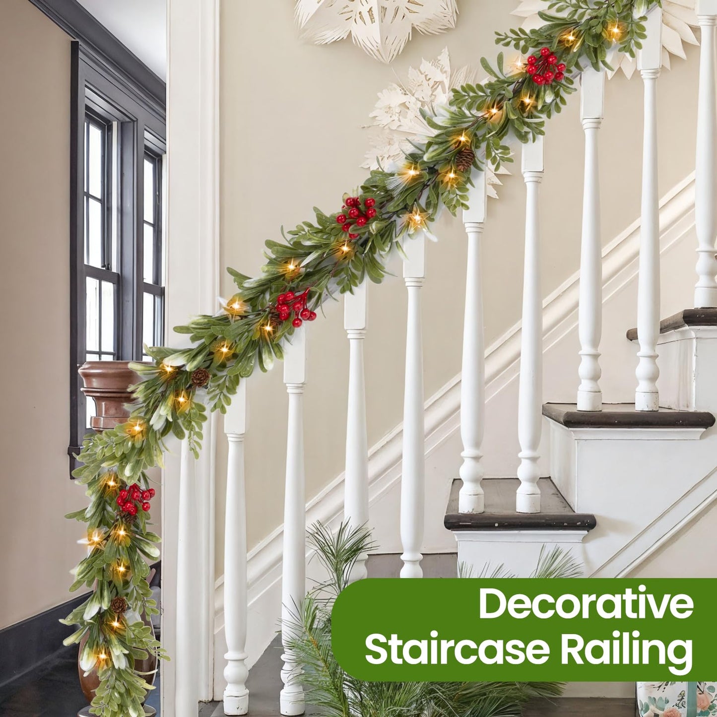 6.5FT Christmas Garland with Lights & Timer, 30 LED Pre-lit Greenery Olive Garland with Red Berry Pinecone, Battery Operated Lighted Garland for Fireplace Mantle Door Stairs Table Christmas Decoration