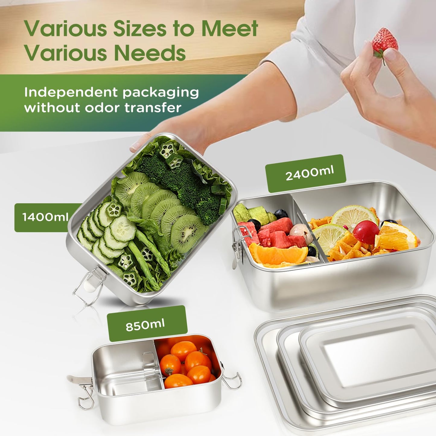 304 Stainless Steel Bento Box 3 Pack Stainless Steel Containers With Lids 81oz/47oz/29oz,Leak-Proof & Stackable Storage Stainless Steel Food Storage Containers for Soup Salad Leftover