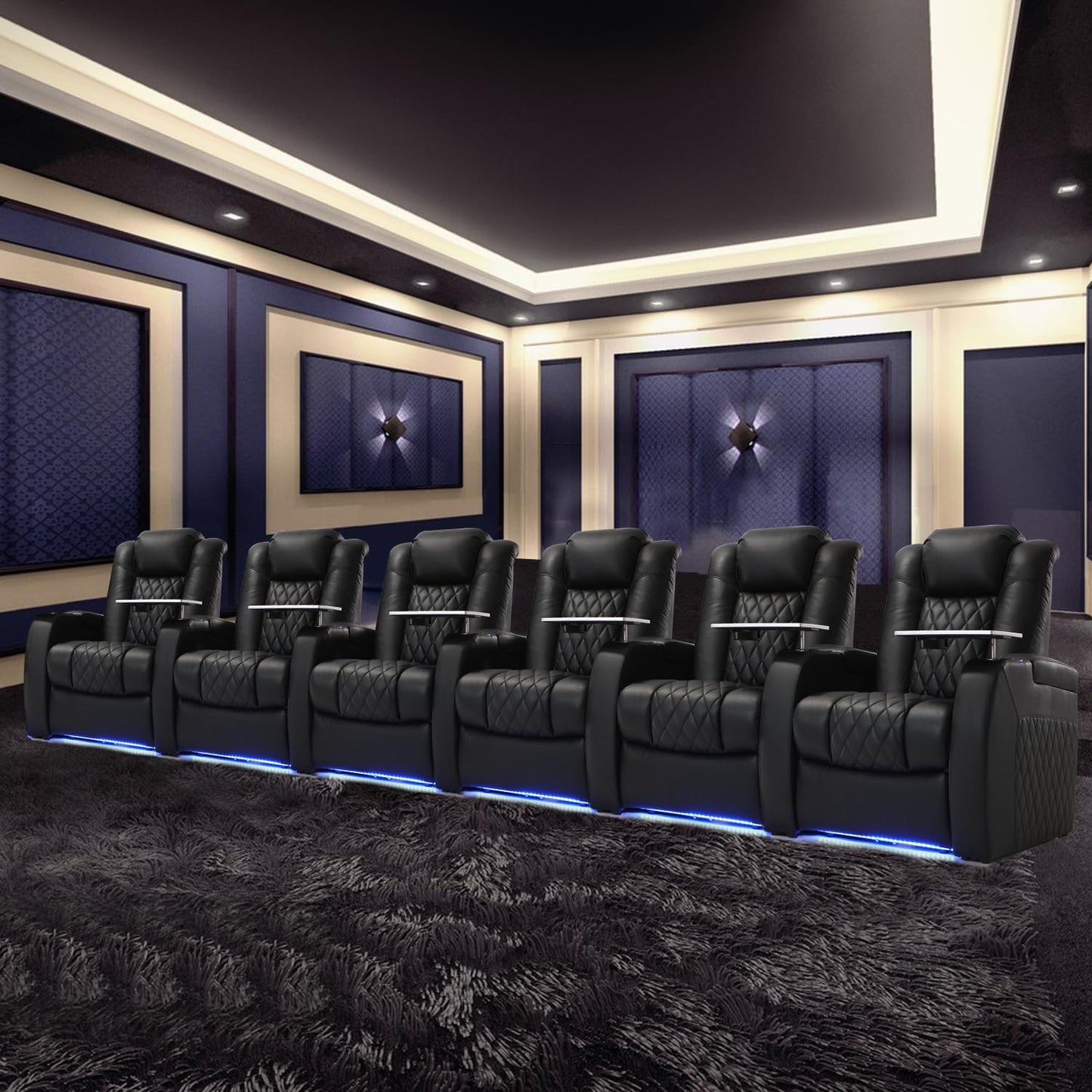Weilianda Home Theater Seating Top Grain Leather Recliner Chair Power Headrest and Recline Movie Seats Gaming Sofa with Tray Table Type-C USB Charge Cup Holders Row of 6 Black