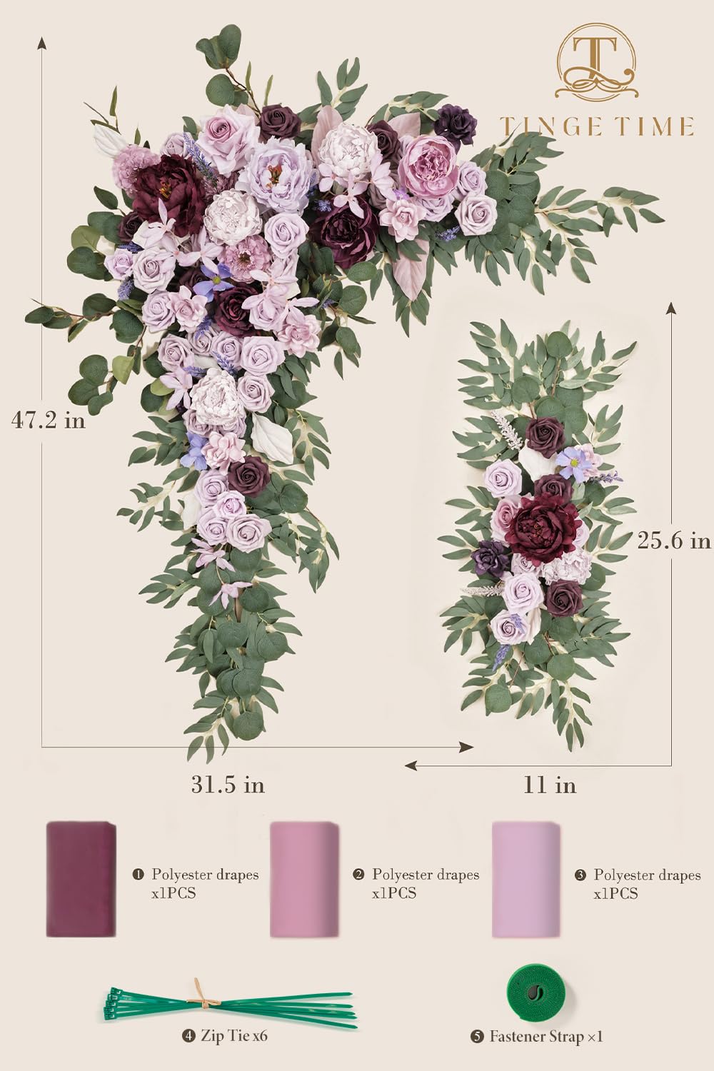 TINGE TIME Wedding Arch Flowers Kit - Deluxe 5pcs Artificial Floral Swag with 3 Sheer Drapes, Realistic Silk Flower Arrangements for Wedding Ceremony Arbor Backdrop Reception Party Home Decor