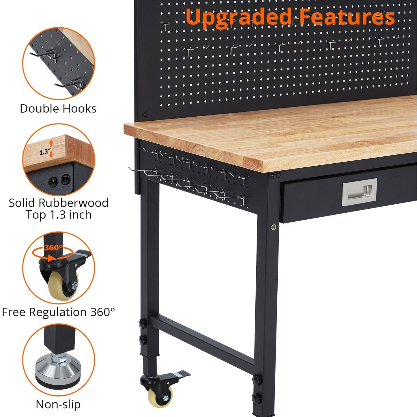 72 Inch Heavy Duty Rolling Tool Chest, Stainless Steel Tool Cabinet with 15 Drawers, Solid Wood Top Workbench, Mobile Toolbox Organizer with Locking Wheels, Power Outlets, for Garage, Workshop, Storag