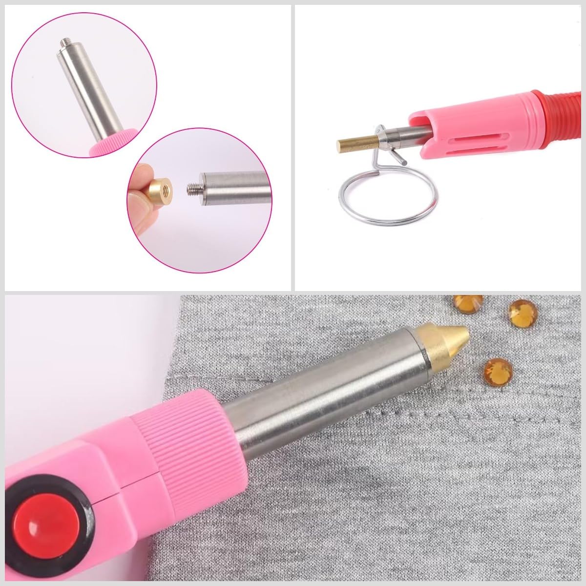 Hotfix Applicator 7-in-1 Rhinestone Setter Hot Fix Wand Bedazzler Kit Tool Set for Crafts Shoes Clothes Fabric Clothing(Pink)