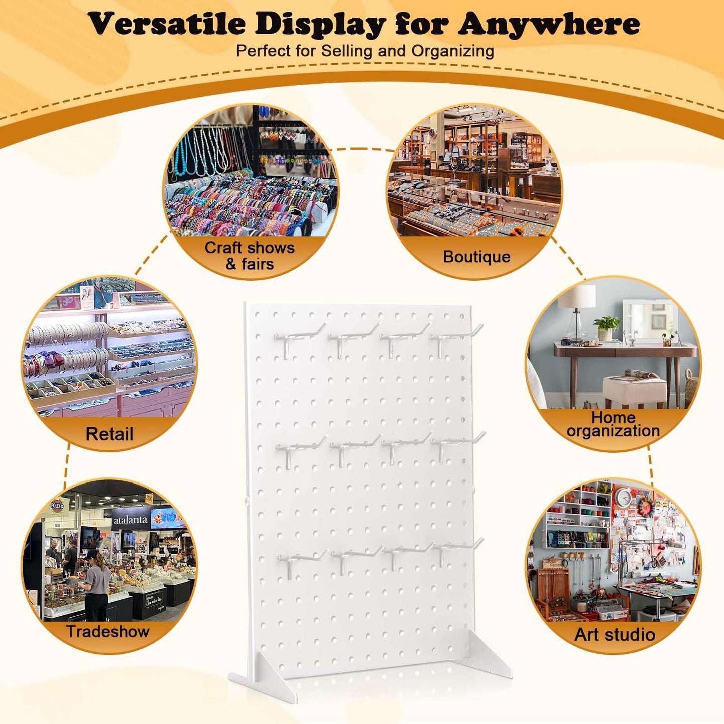 4 Pack Peg Board Display Stand for Vendors with 48 Hooks Metal Tabletop Pegboard Display Stand for Craft Shows 17" X 13" Retail Display Racks For Jewelry Earring Keychain PegBoard Organizer White