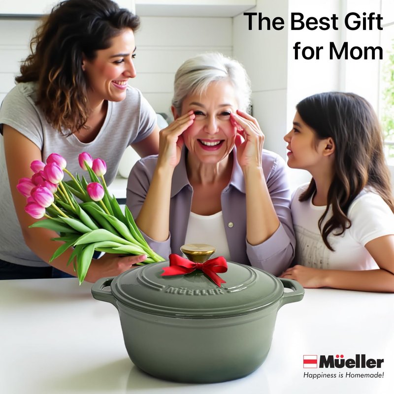 MUELLER HOME 6 Quart Enameled Cast Iron Dutch Oven For Sourdough Bread Baking, Heavy-Duty, Oven-Safe up to 500° F & Across All Cooktops, Casserole Dishes, Green Kitchen Accessories, Thyme Green
