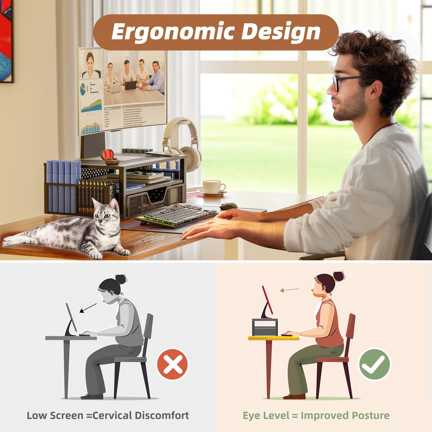 Simple Trending Desk Organizer and Accessories, 2 Tier Computer Metal Monitor Stand Riser with Drawer and Pen Holder for Laptop, Computer, iMac, Black