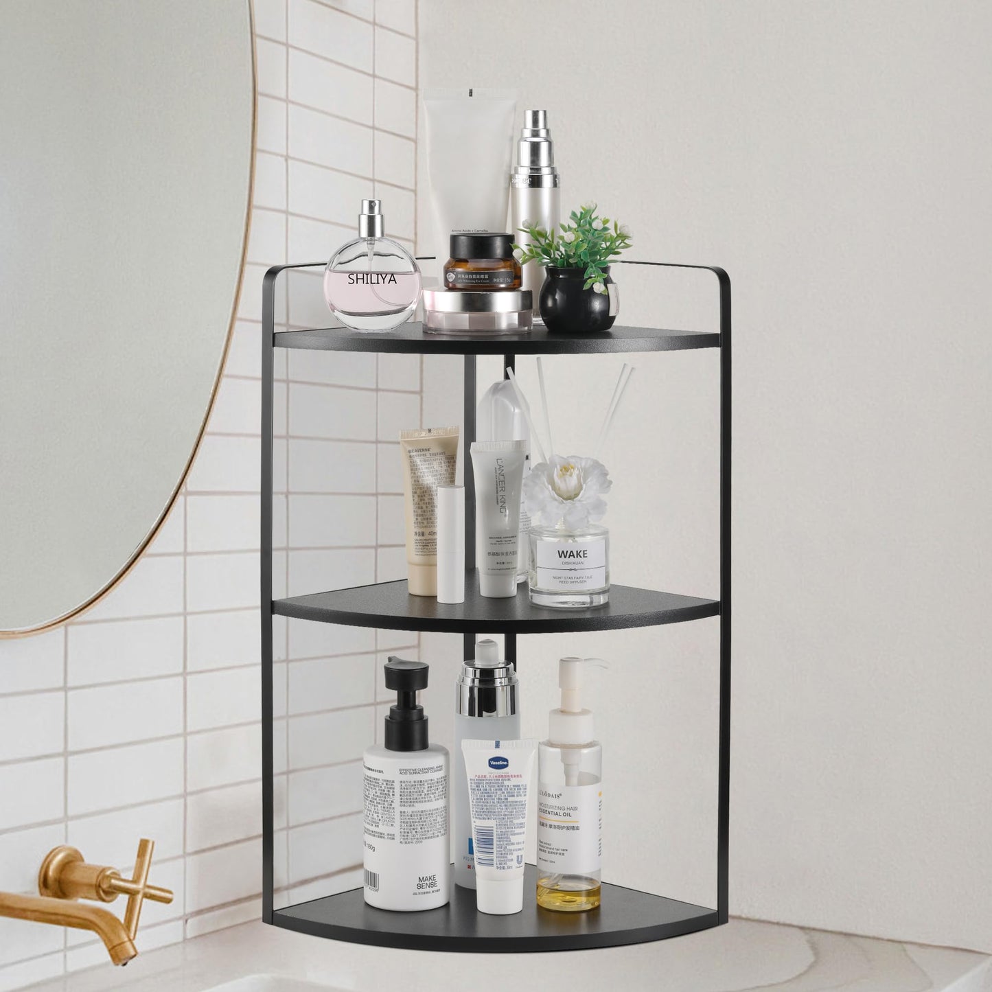 OKLILIYA 3 Tier Corner Bathroom Counter Organizer, Countertop Organizer, Makeup Organizer Countertop, Bathroom Storage Sink Shelf, Wooden and Metal Counter Shelf (Large Capacity-Black)