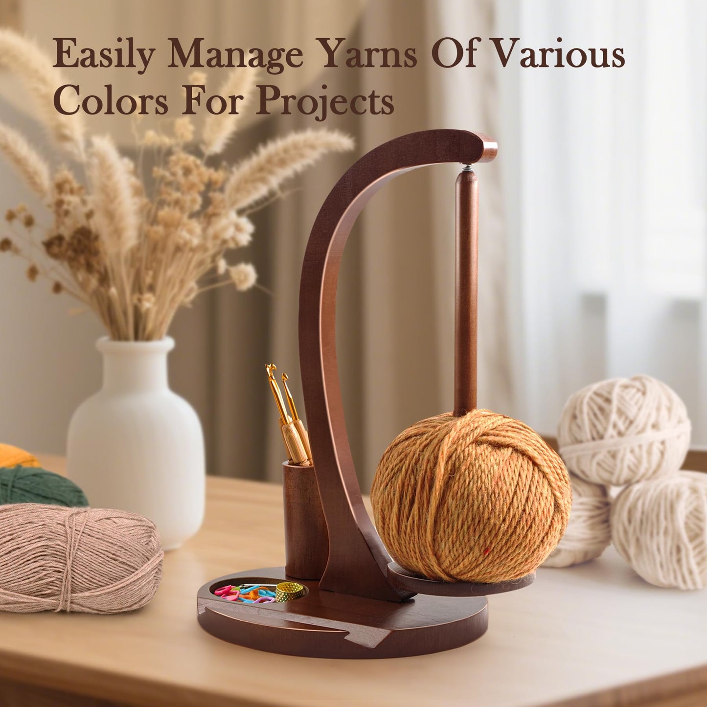 Sewovvmu Crochet Yarn Holder, Yarn Spinner for Crocheting with Phone Stand & Crochet Accessories Storage, Crochet Gift for Knitting Lovers (Brown)