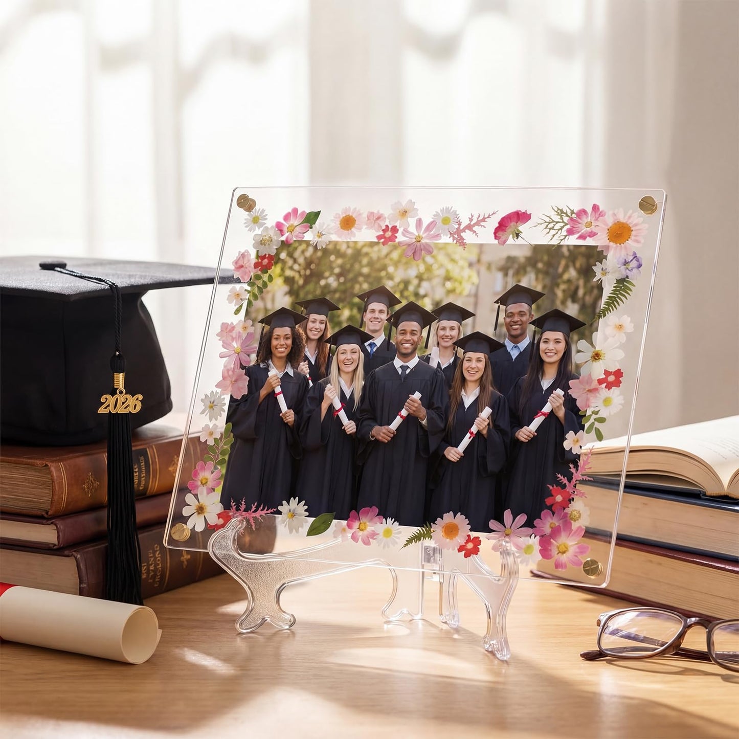 Novabright 2 Set 2026 5.5x8.5 Floral Acrylic Graduation Certificate Frame Pressed Wildflower Wall Mount Floating Picture Frame A4 Photo for Graduation Diploma Degree Document Memory Picture Gift