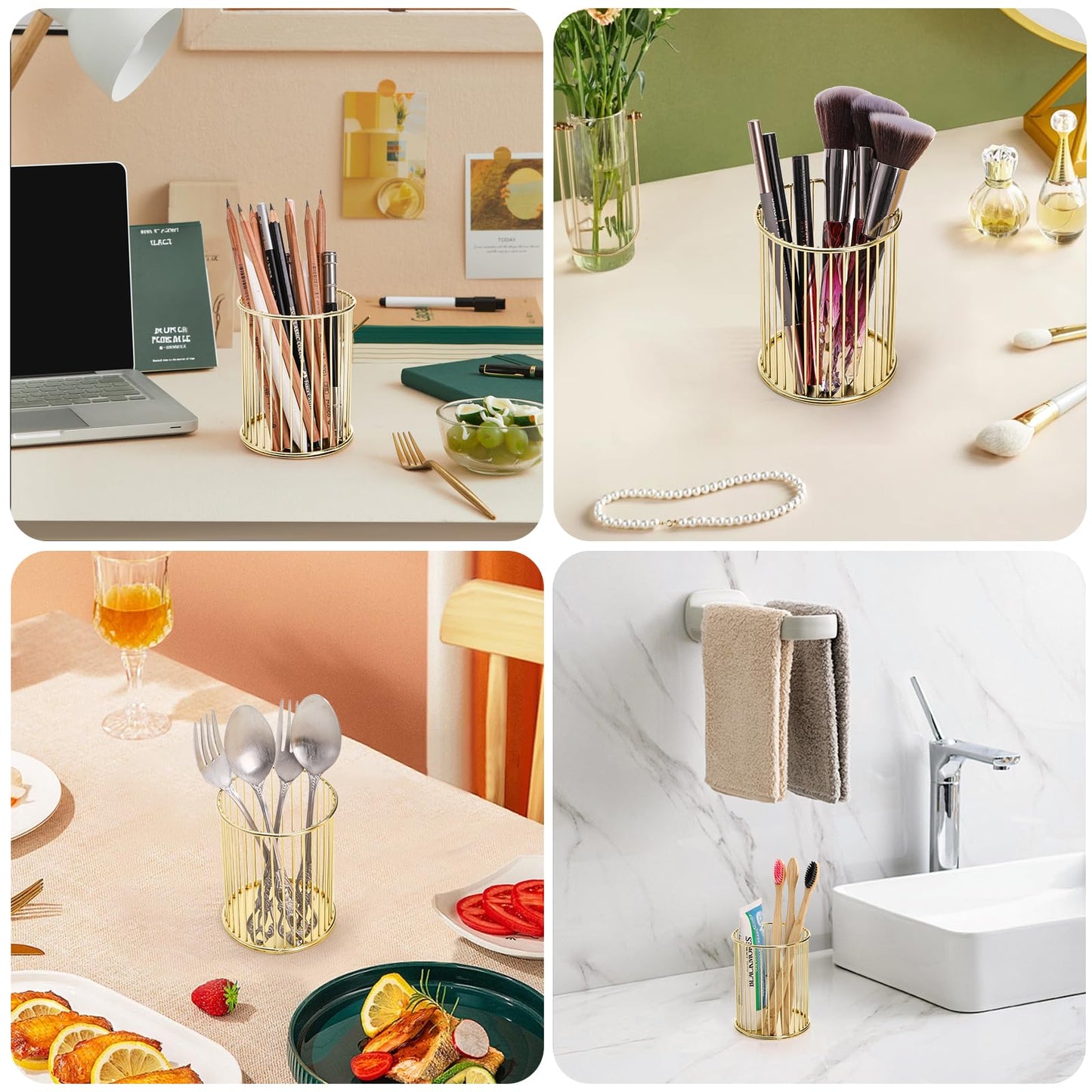 Yopay 4 Pack Gold Pencil Holder, Metal Pen Cup Makeup Brush Holder for Desk, Round Wire Mesh Desktop Organizer for Office School Home Vanity, Aesthetic Cylindrical Storage Organizer for Art Supplies