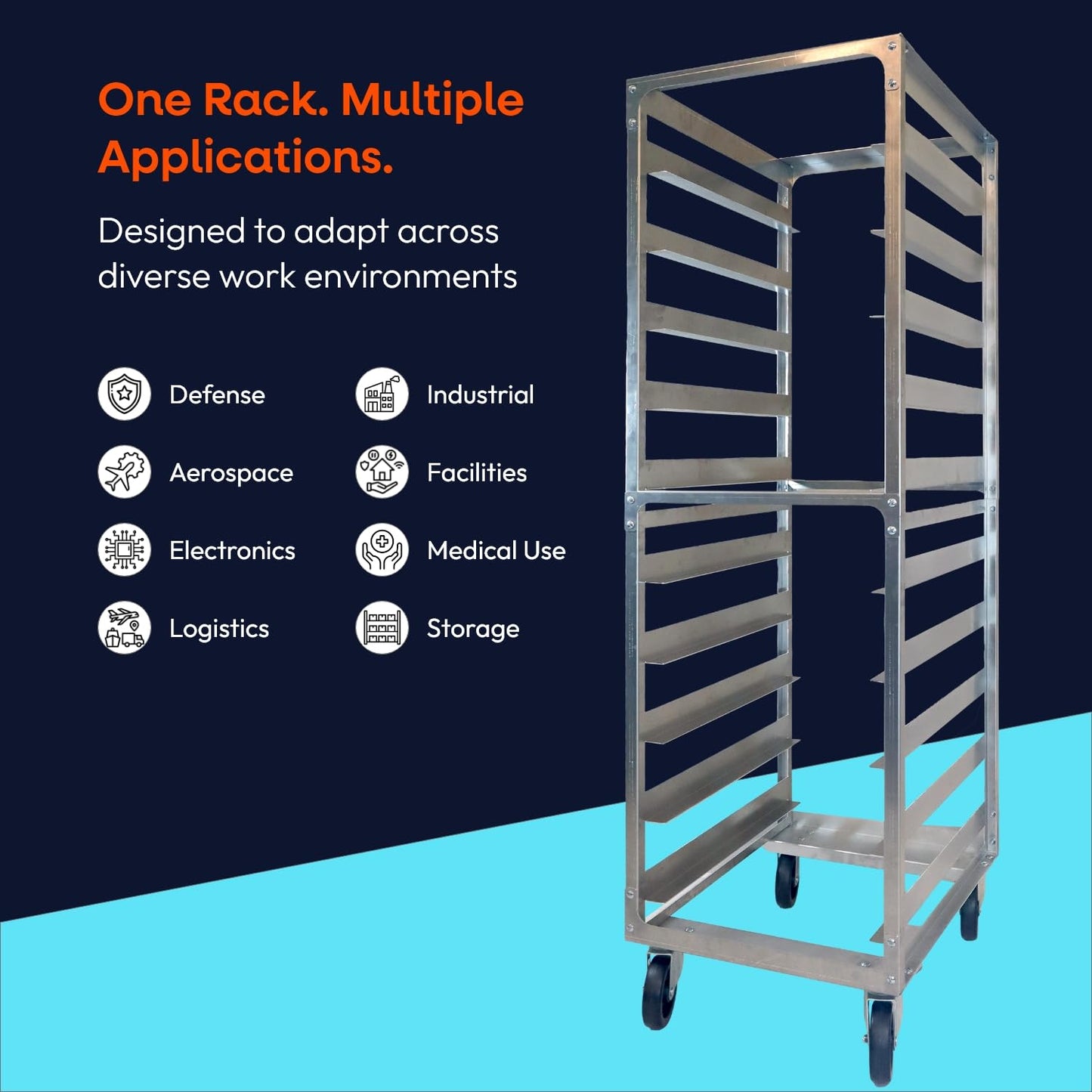 DCUBE 10 Level 6" Spacing Commercial Aluminum Pan Rack, Heavy-Duty Rack for Electronics & Pharma, Mobile Clean Room Rack with Wheels & 2 Locking Casters, Knock-Down Speed Rack, 20.5"x26"x70"