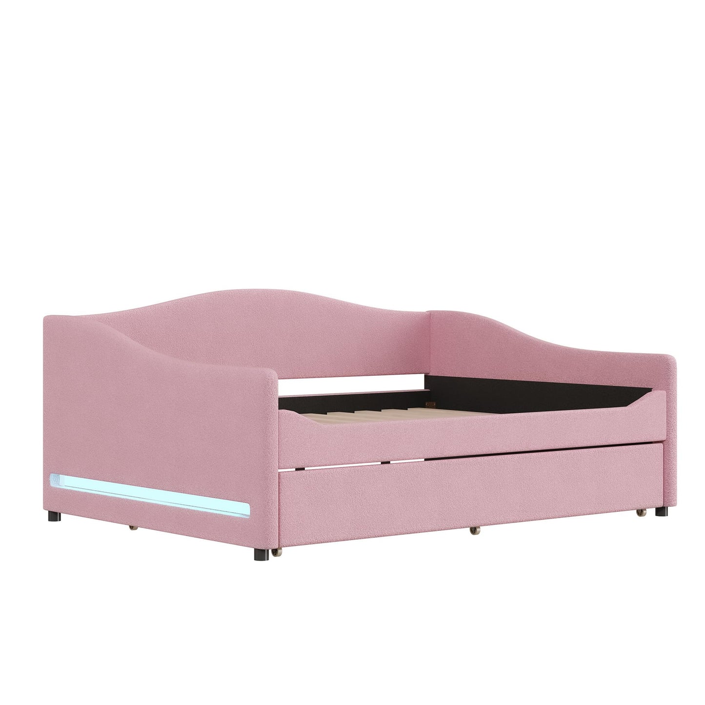 Acosure Teddy Fleece Full Size Upholstered Daybed with LED Light and Trundle,Modern Wood Platform Bed W/Side Stripes,Easy Assembly,for Bedroom,Living Room,Guestroom,Beige