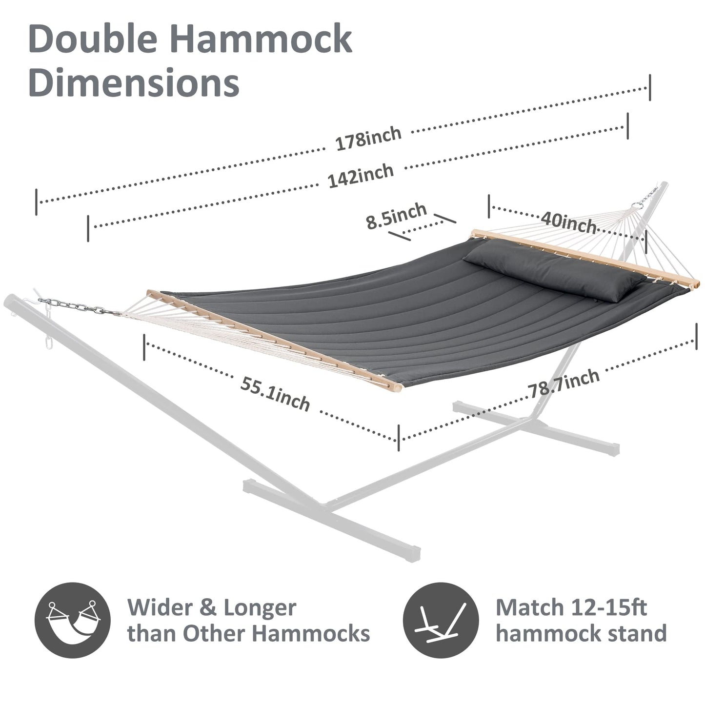 SUNCREAT Hammocks Double Hammock with Wooden Stand Included, Outdoor Hammocks for Outside, 475 lbs Capacity, Dark Gray