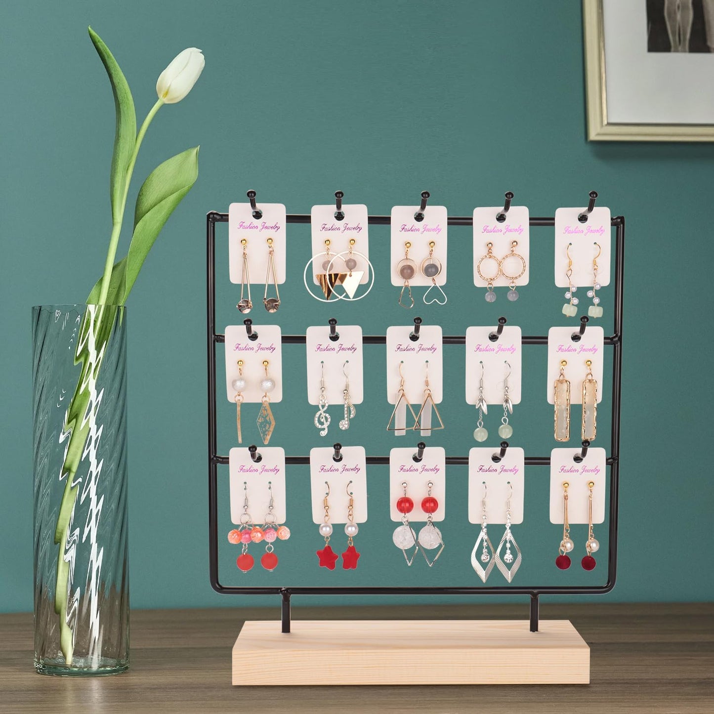 shidaishiye Earring Display Stand for Selling, Wood Earring Rack Tower Display Holder Stand (3 Tier,15 Hooks, Black)