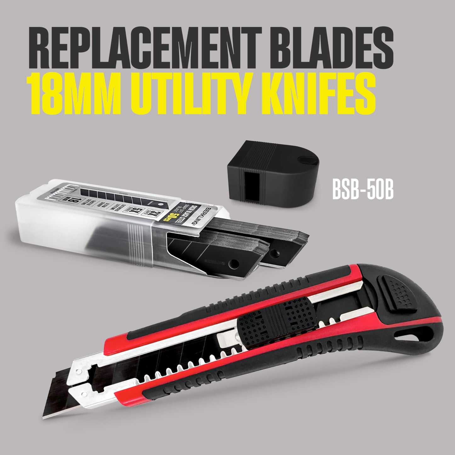 Berkling 18mm Retractable Utility Knife with 4x SK2H Snap Off Black Spare Blades (18mm 1 PACK)