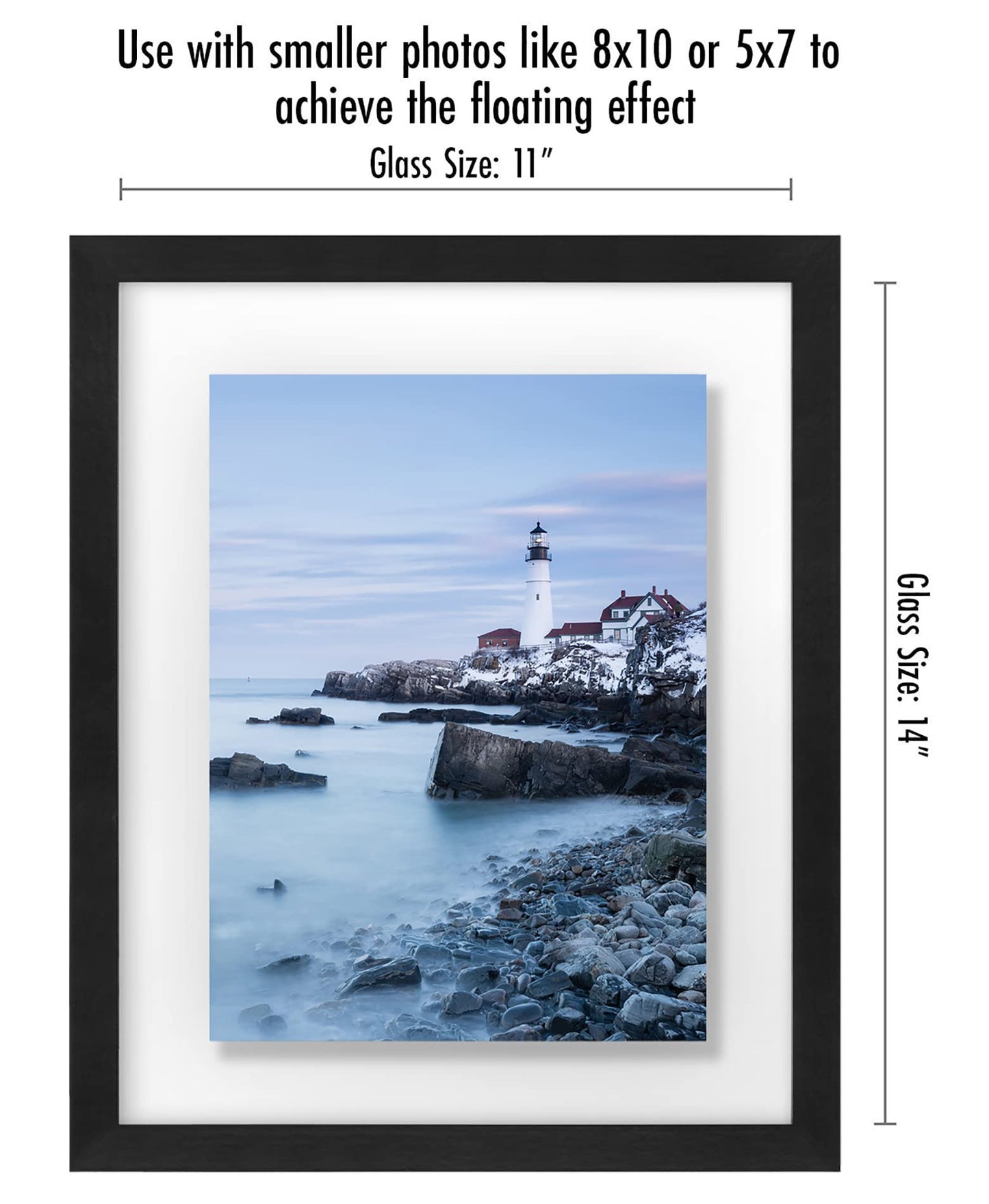 Americanflat 11x14 Floating Picture Frame with Polished Crystal-Clear Glass - Use as 8x10 Picture Frame or Display 5x7 Photo - Signature Float Collection - Photo Frames for Wall Display - Black