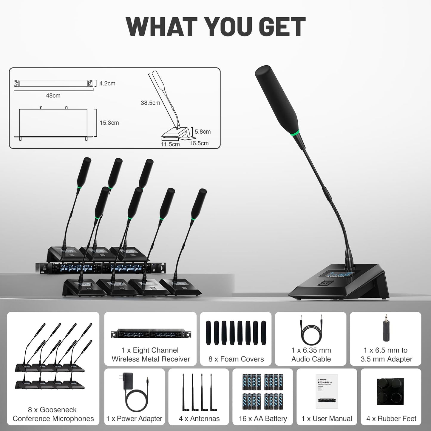 Phenyx Pro 8-Channel Wireless Conference Microphone System, Wireless Podium Microphone with 8x25 UHF Frequencies, Auto Scan, 8 Gooseneck Mics for Lecture, Church, Conference, Public Speaking (PTC-8)
