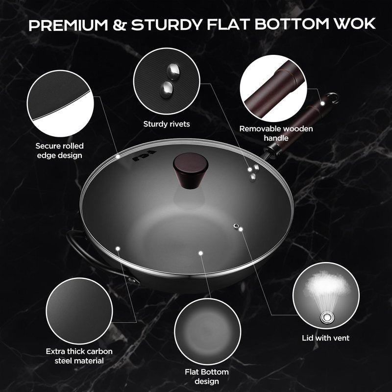 Wok, 13 Inch carbon steel wok pan with steamer & stir-fry pans nonstick, Pre-Seasoned 5.8QT Flat Bottom Chinese Woks Paella Pan with lid, Carbon Steel Cookware, Compatible with All Cooktops