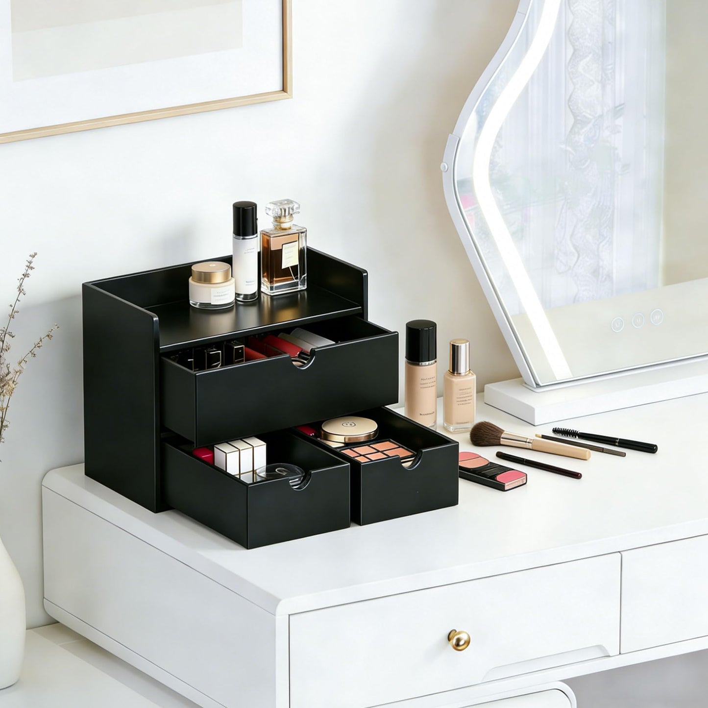 Bamboo Desk Organizer with Drawers, Tabletop Cosmetic Makeup Storage Box, No Assembly Desktop Countertop Storage Holder for Skincare Toiletries, Home Office Bathroom Vanity Organization(black)