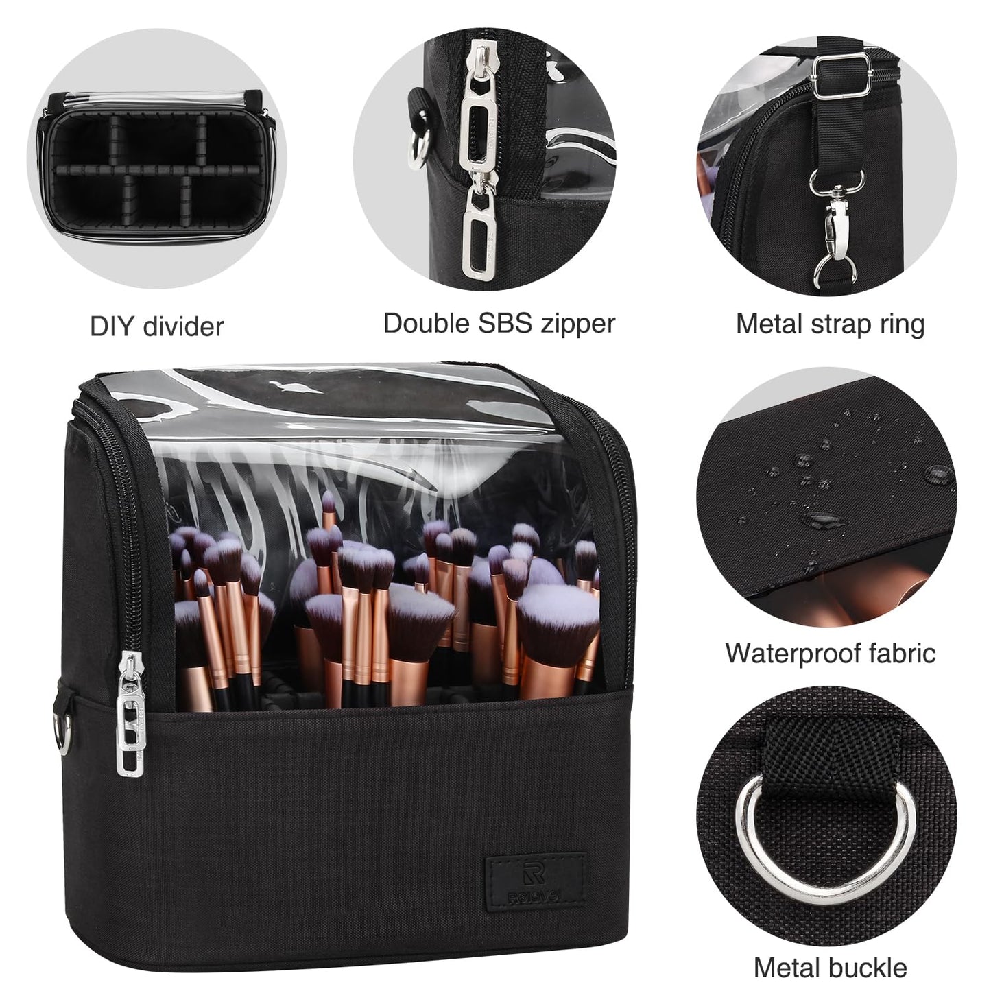 Makeup Brush Bag, Makeup Brush Holder Travel Stand-up Makeup Cup Large Makeup Brush Organizer Case Professional Cosmetic Bag Artist Storage Bag with Adjustable Divider (Large, Black)