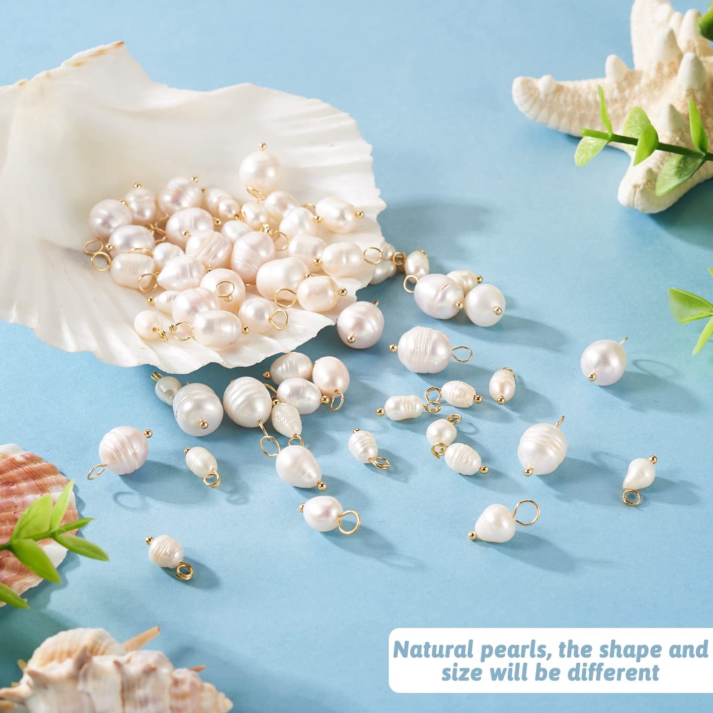 Cheriswelry 60Pcs 13-17mm Natural Freshwater Cultured Pearl Pendants White Rice Oval Pearl Charms with Brass Loop 3 Styles for DIY Necklaces Bracelets Earrings Jewelry Making