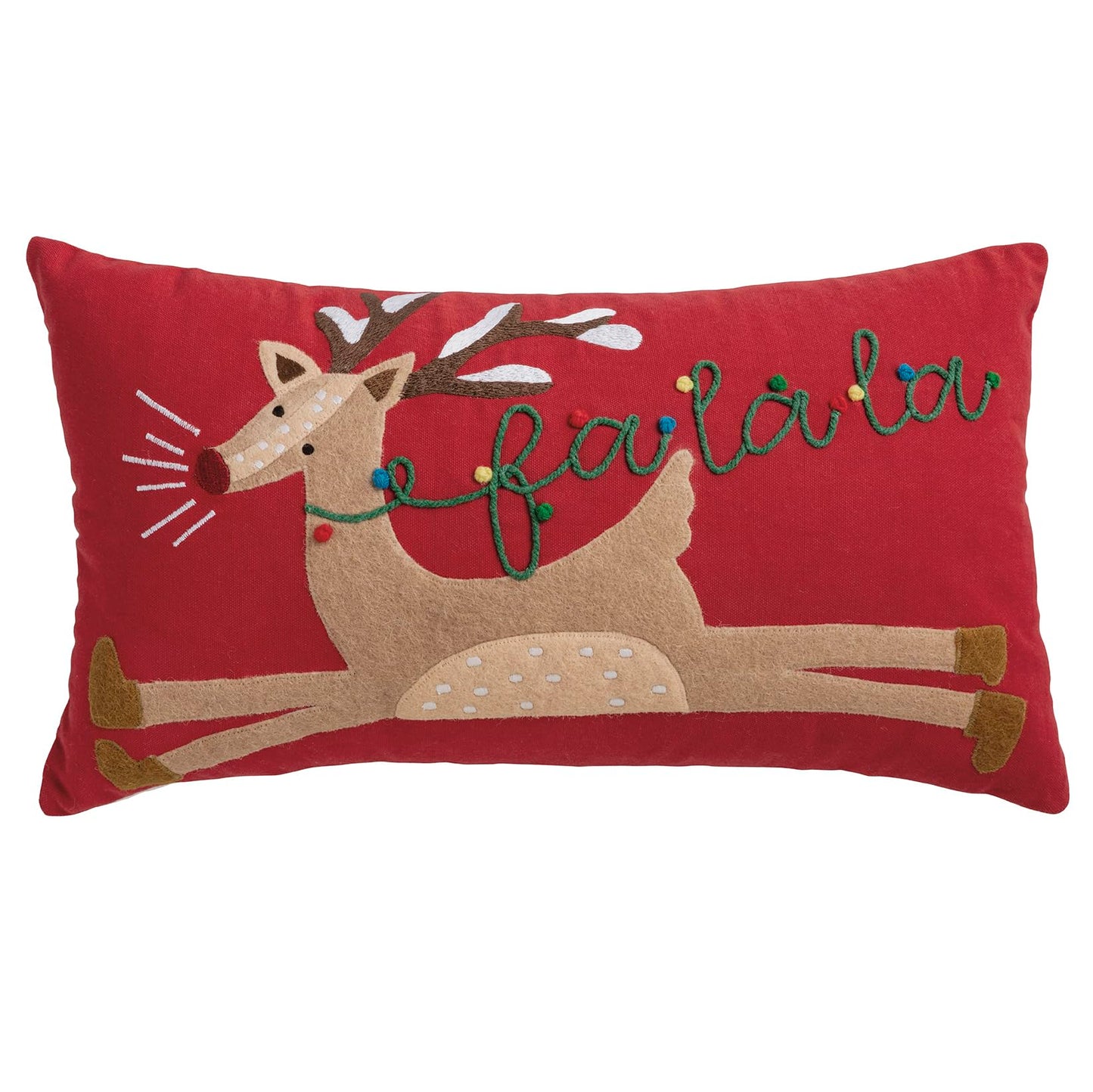 Mud Pie Christmas Felt Appliqué Reindeer Pillow, 11" x 20", RED