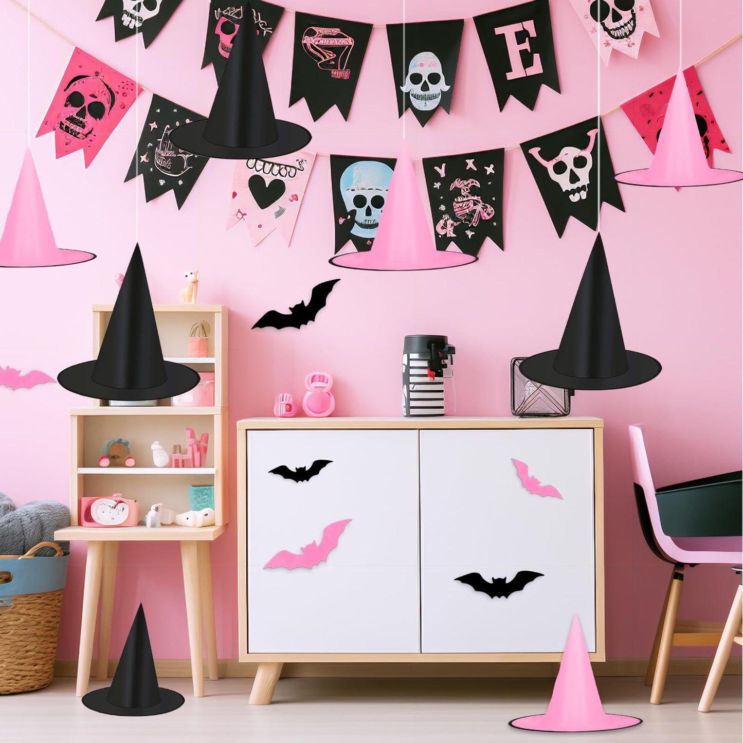 JarThenaAMCS 12Pcs Halloween Witch Hats with 16Pcs 3D Bat Stickers 109 Yard Hanging Rope Pink Black Hanging Witch Caps for Home Party Decoration