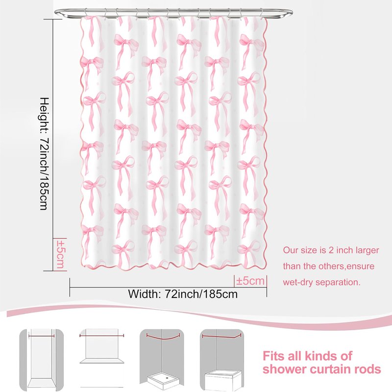 MUGINYU Girls Pink Bow Shower Curtain with Scalloped for Preppy Bathroom Decor,Cute Ruffle Girly Shower Curtains,Coquettecute Chic Aesthetic Shower Curtain Set with Hooks 72x72 Inch