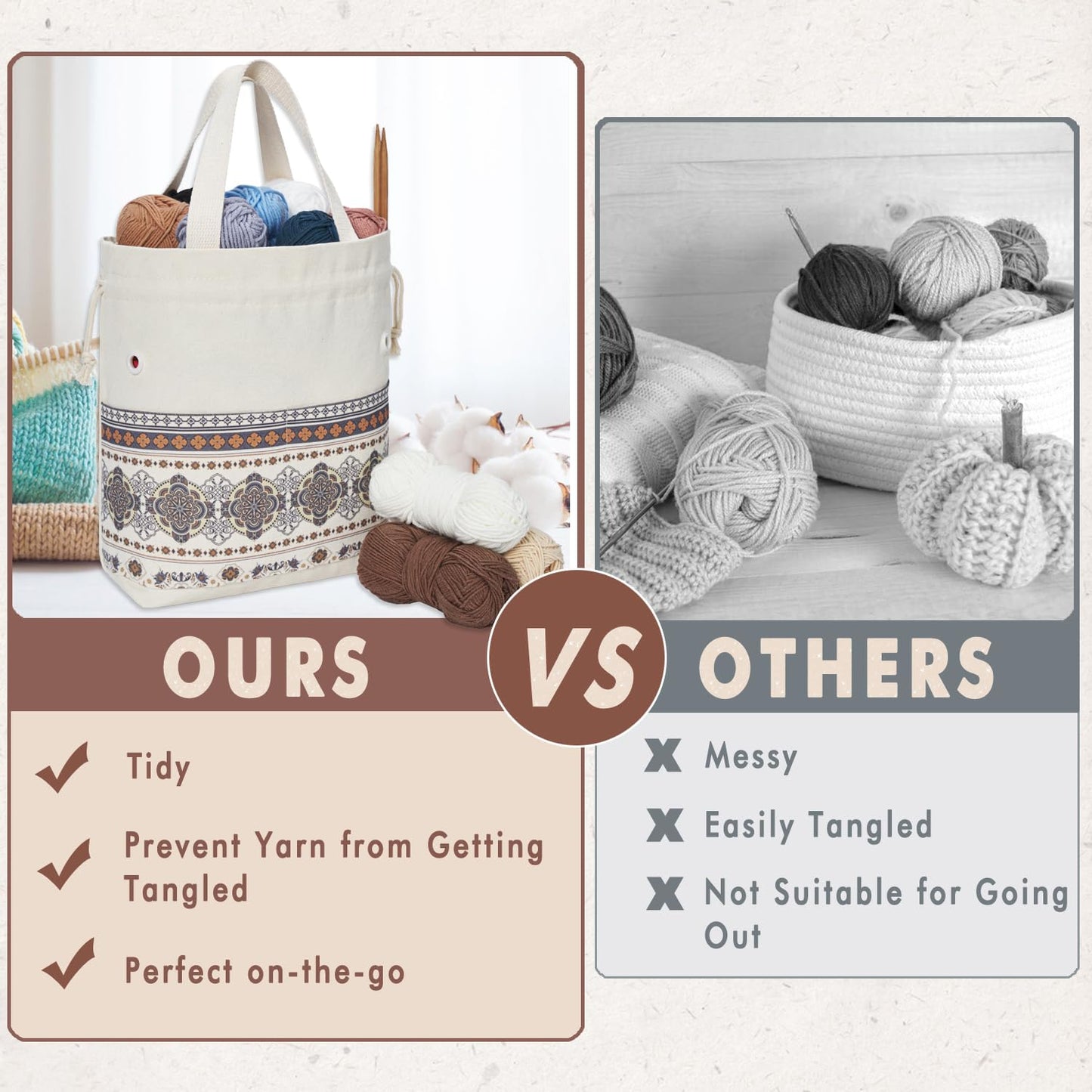TOGETRUE Yarn Bag, Knitting Crochet Tote Bag, Yarn Storage Bags Organizer, Crochet bags for Crocheting Project, Store Skein Ball, Short Knitting Needle (Medium, Brown Style)