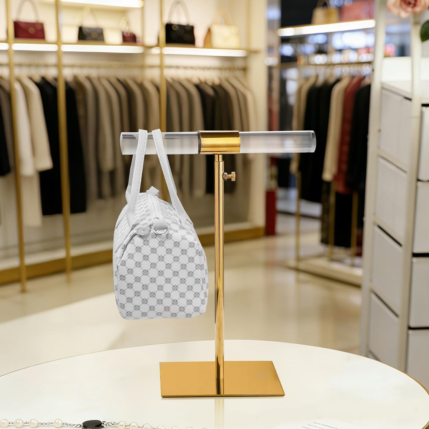 MCKECHSION Jewelry Display Stand 2 Packs Stainless Steel Purse Display Stand Acrylic Necklaces Holder Towers Adjustable Height Tabletop Jewelry Organizer for Home Store Boutique