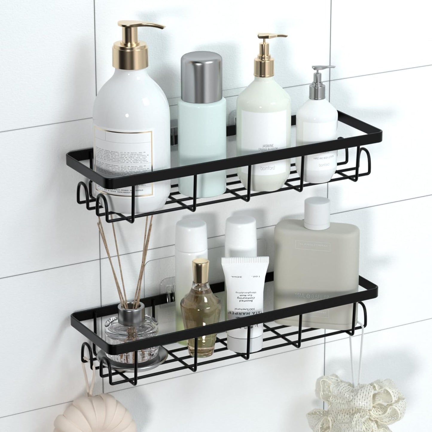 Shower Caddy Organizer - Self-Adhesive Bathroom Shelves with Hooks | No Drilling, 2 Pack Black