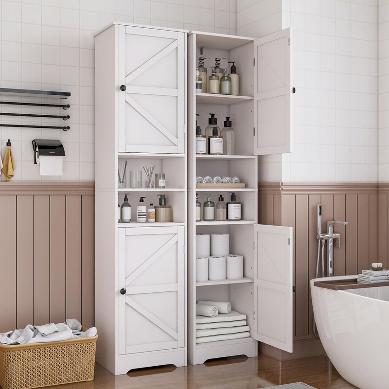 Viaozutis Tall Bathroom Storage Cabinet, Vertical Freestanding Organizer with Adjustable Shelf, Slim Design for Small Bathrooms, Towels & Toiletries Storage(White)