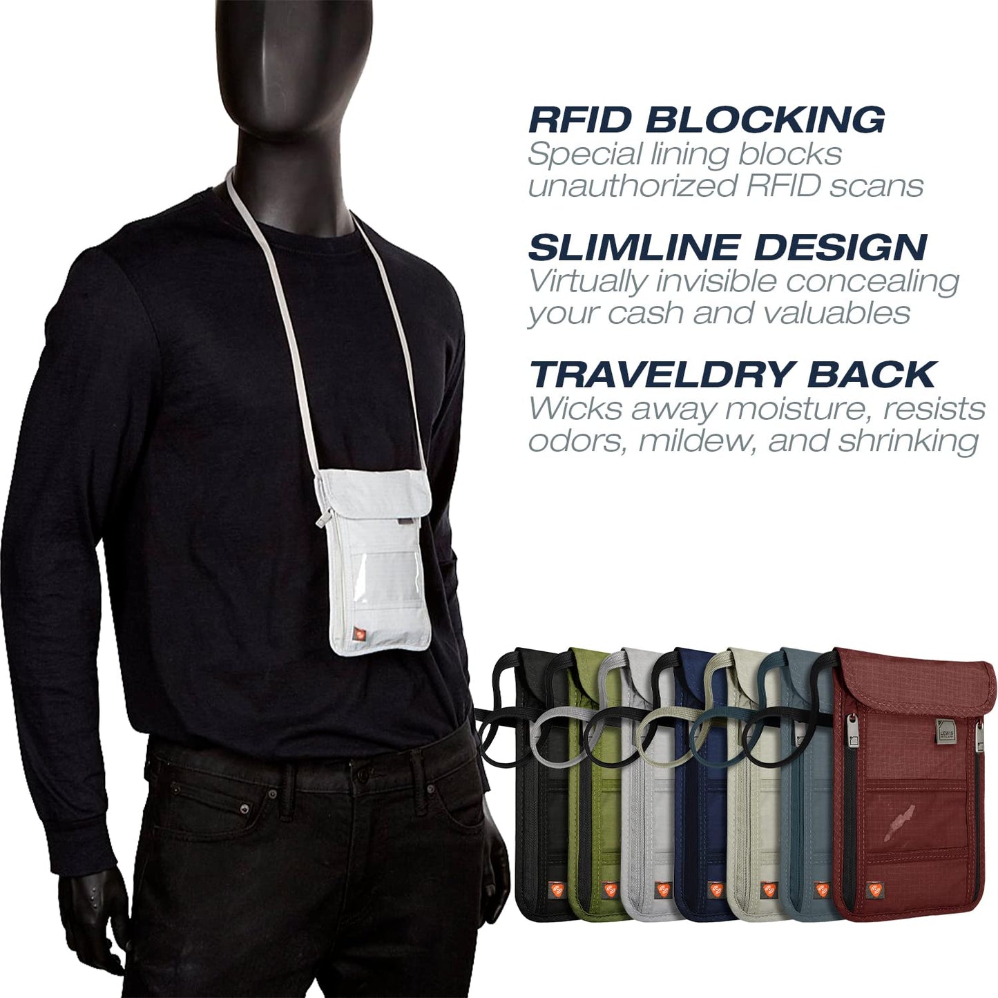 Lewis N. Clark RFID Blocking Stash Neck Wallet, Travel Pouch + Passport Holder for Women & Men, Gray, One Size