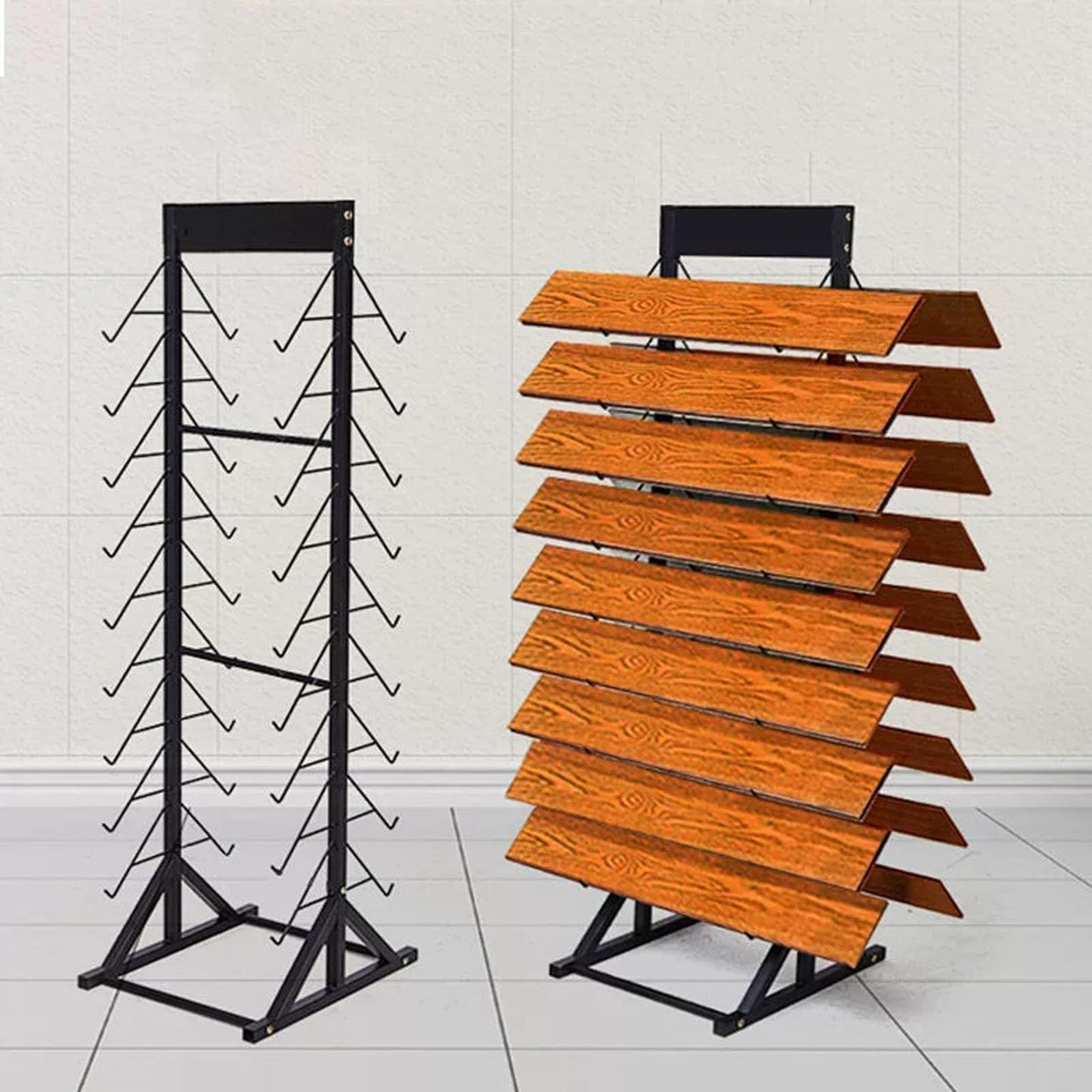 KOMFGT Metal Ceramic Tile Retail Display Rack,Wooden Floor Sample Holder Skirting Standing Slotted Flooring Display Shelf,Aluminum Gusset Skirting Sample Holder(Singleside11Pcs(Hook L305Mm))