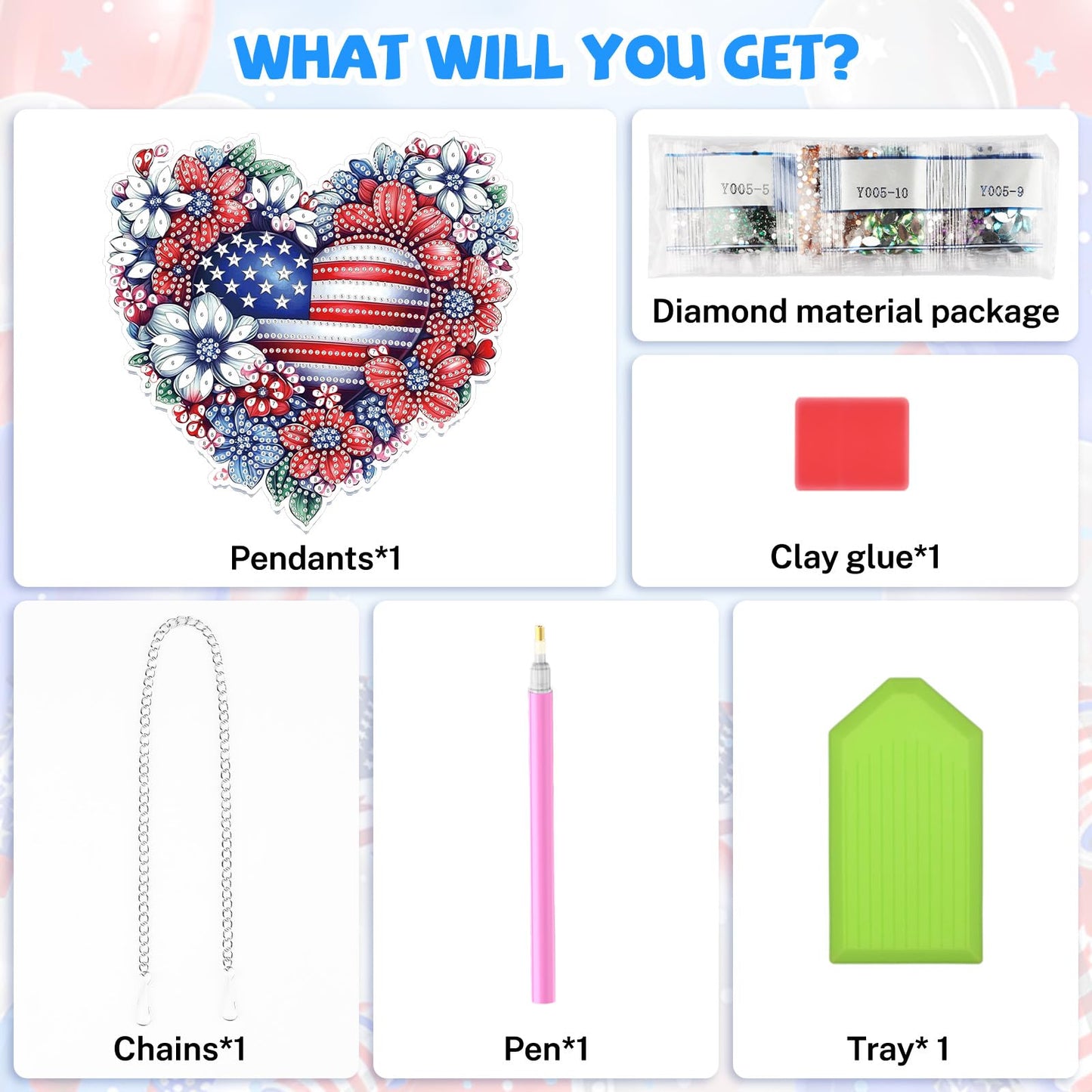 Bowetile 5D Patriotic Diamond Art Hanging Kits for Adults, Diamond Painting Heart Shape Flowers Pendant Kits, Special Shape USA Flag Gem Art Suncatcher Ornament for Home Window Wall Decor