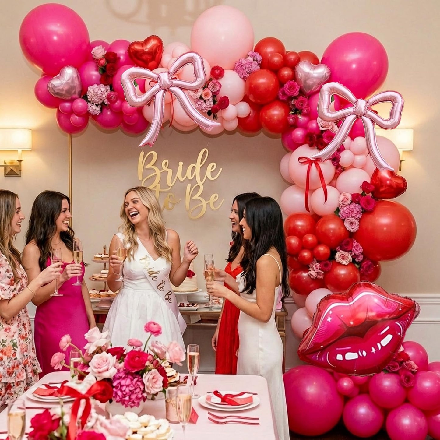 Galentine's Day Balloon Arch Kit - 133 Pcs Pink Red GALS Letter Balloons, Heart, Lip & Bow Foil Balloons with Pink Curtain for Valentine's Day, Bachelorette, Birthday Party Decorations
