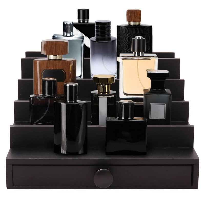 Fengligoo 5 Tier Cologne Organizer for Men - Wooden Black Cologne Perfume Display Stand with Drawer and Hidden Compartment, Mens Cologne Holder Shelf for Organizing and Storing