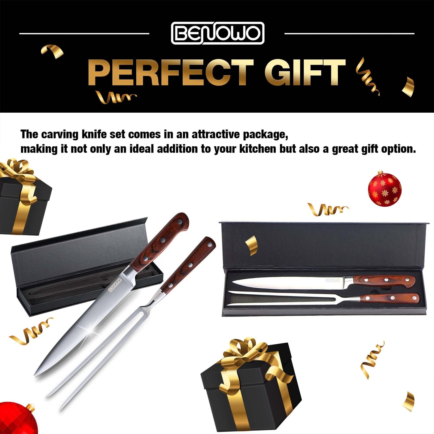 Benowo Carving Knife Set 2-Piece, 8-inch Turkey Carving Knife and Fork Set Stainless Steel Kitchen Knife for Steak, Hibachi Knife and Fork, BBQ Carving Fork with Gift Box – Designed in USA