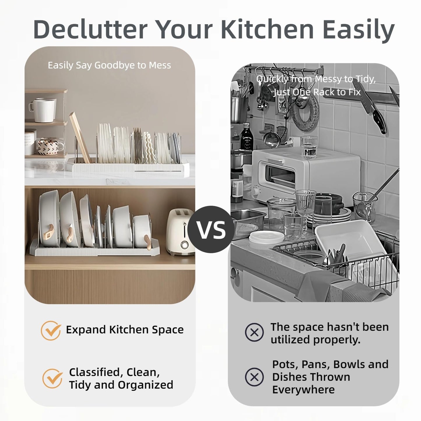 Silanit Expandable Pot and Pan Organizer Rack for Kitchen Cabinet or Under Sink, Adjustable Lid Holder with 7 Dividers, Space-Saving Storage for Renters, Small Homes, and Busy Cooks, White