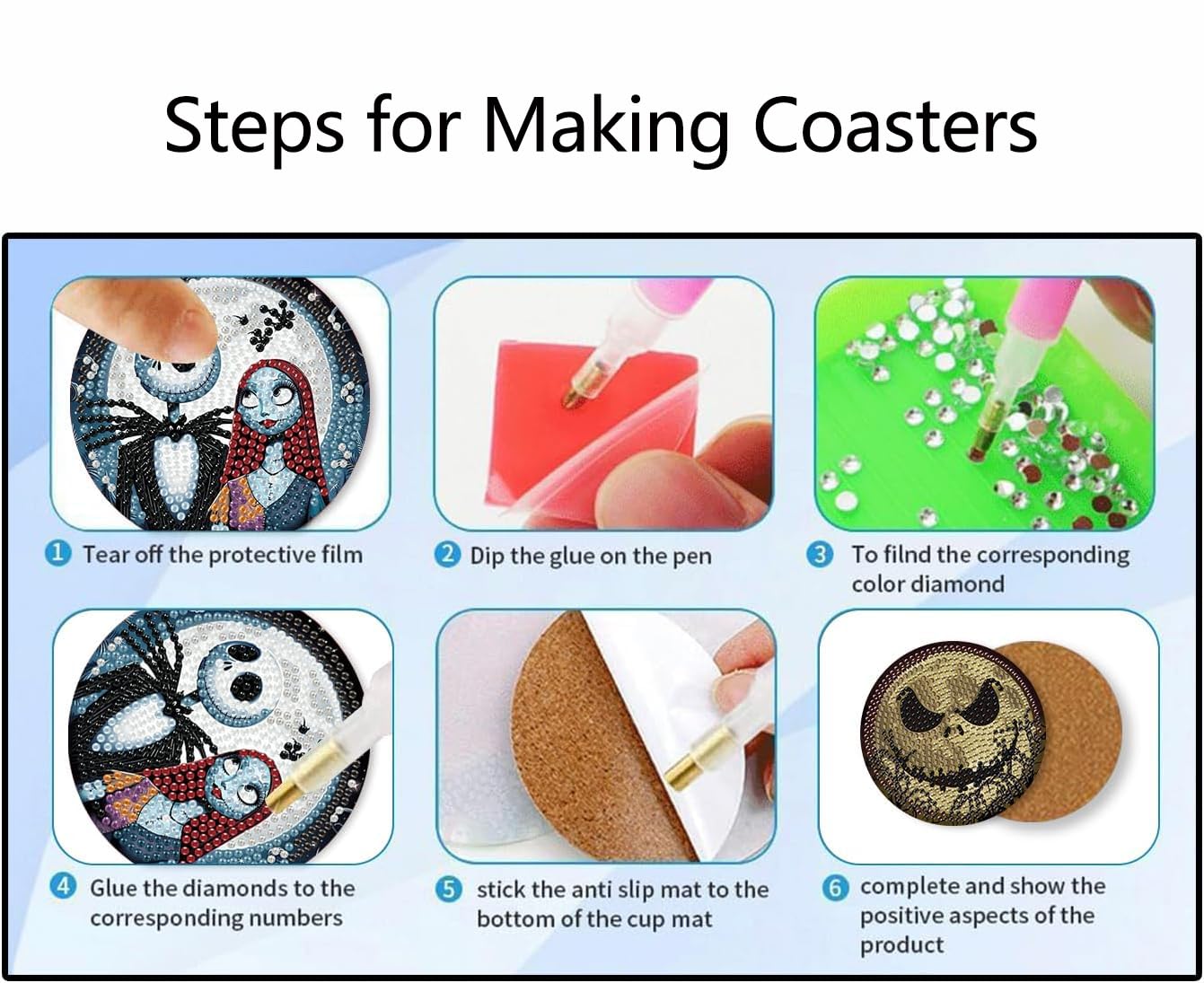 8 Pcs Halloween Diamond Painting Coasters Kits for Adults Beginners, DIY Horror Skull Diamond Art Coasters with Holder, Full Drill Rhinestone Painting Coaster Kits for Supplies Gifts 4X4 Inch.