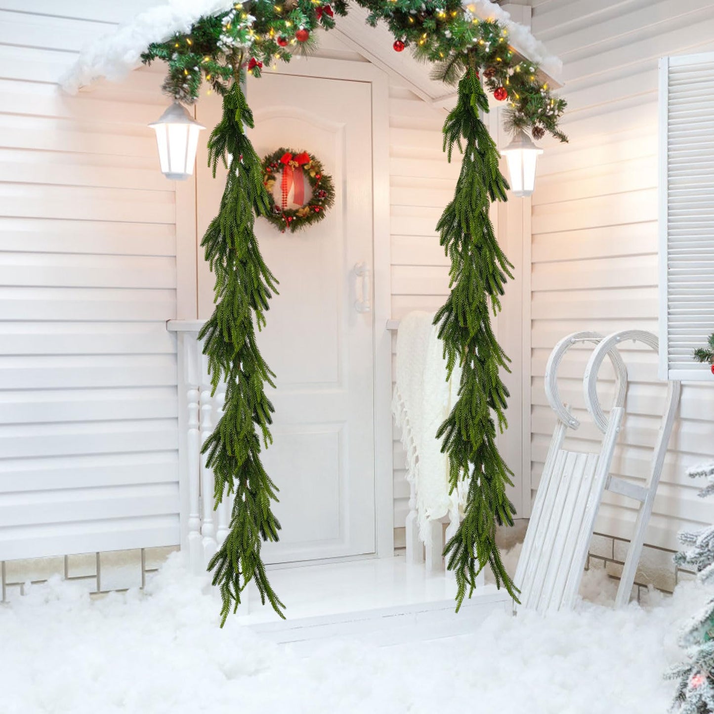 GLLBTPT Christmas Norfolk Pine Garland,9 ft Artificial Green Garland Holiday Decoration Outdoor Indoor for Stairs Railing Fireplace
