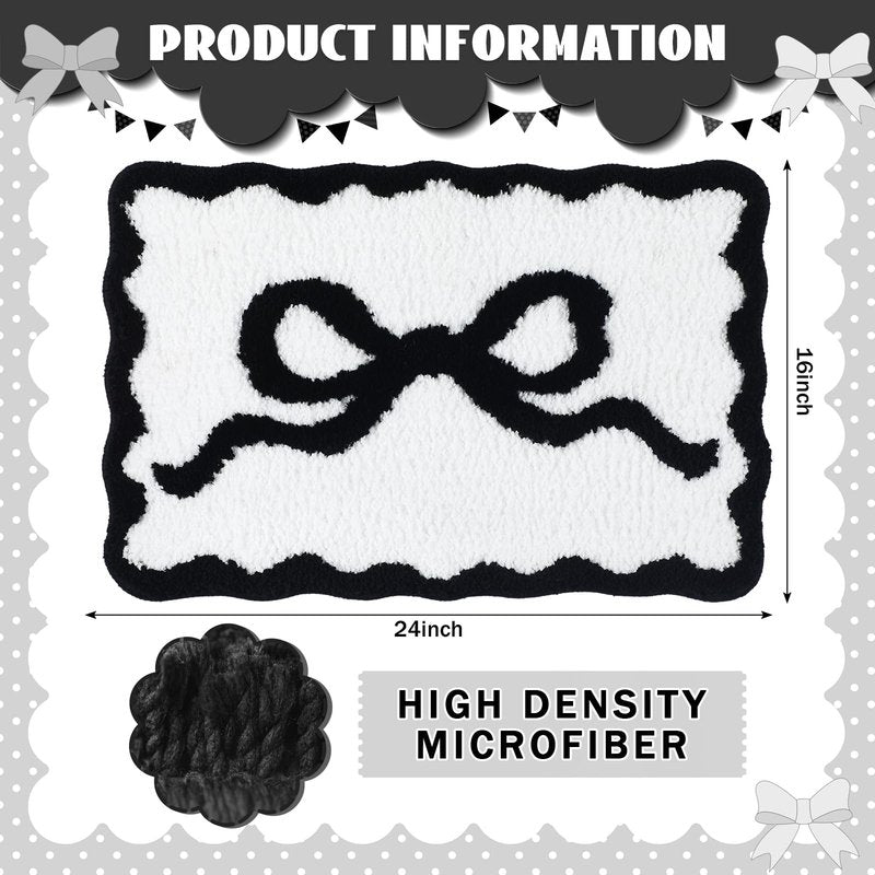 Tinideya Black Bow Bathroom Rug 16" x 24" Scalloped Bow Bath Mat Non Slip Cute Coquette Aesthetic Carpet Preppy Room Decor Microfiber Absorbent Mat for Mother's Day Bathtub Shower Bedroom Gift