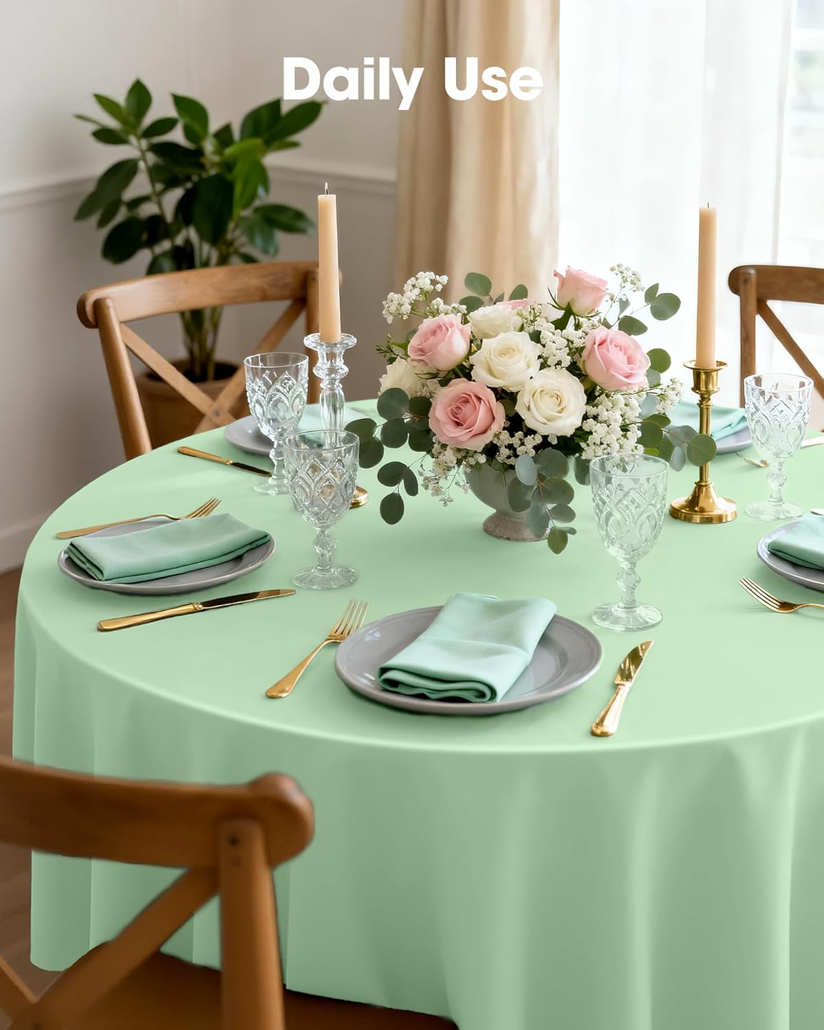 Pureegg Disposable Plastic Tablecloths - 84'' Round, Leakproof & Sturdy, Sage Green - 8 Pack for Easter Parties