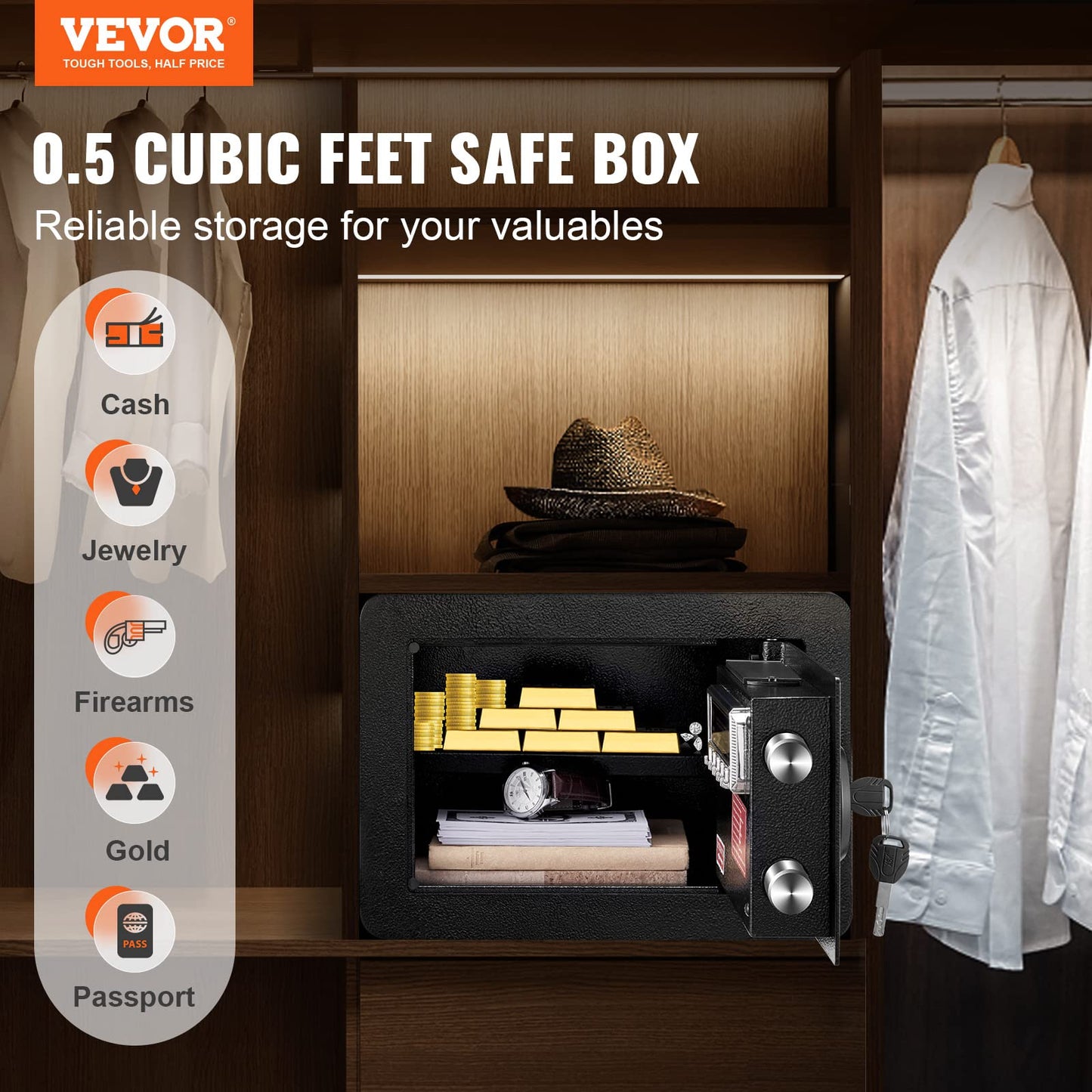 VEVOR Safe Box with Digital Keypad and 2 Keys, 0.5 Cubic Feet, Steel Security, Cabinet with Fire-proof Bag, Protect Cash, Gold, Jewelry, for Home, Hotel,13.8"Wx9.8"Dx9.8"H