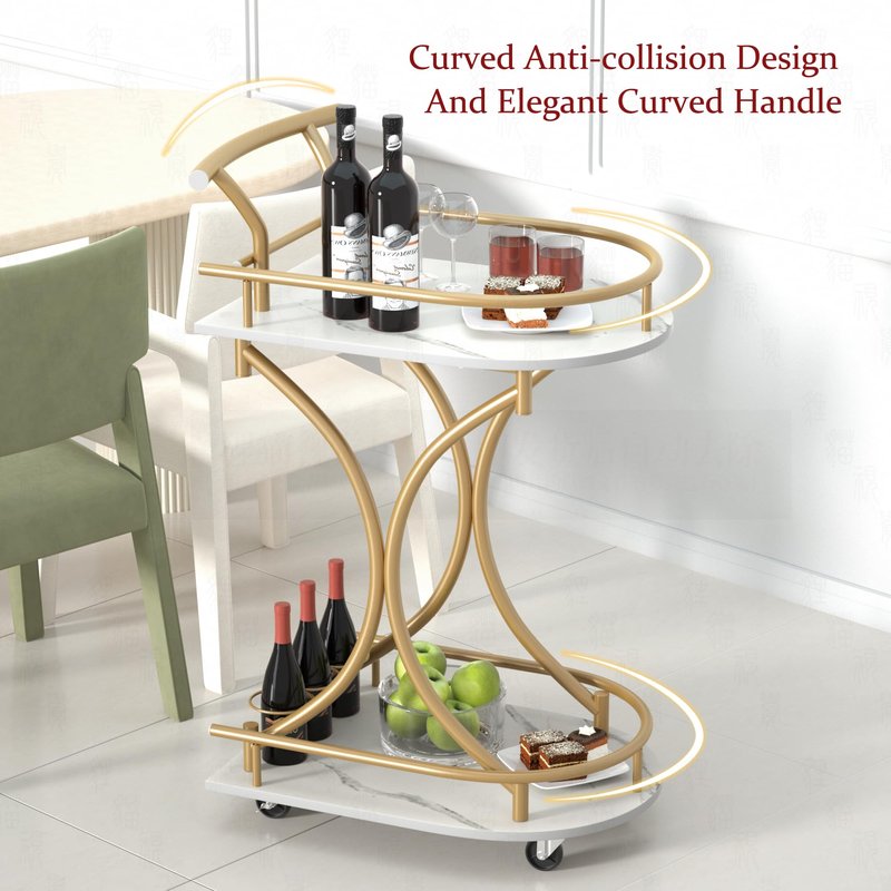 Maiproo Bar Cart with Wheels Handle Rolling Home Bar Serving Carts 2 Tier Curved Anti-Collision Storage Small Trolley with Wine Rack and Glass Holder for Kitchen Dining Room Living Room Gold