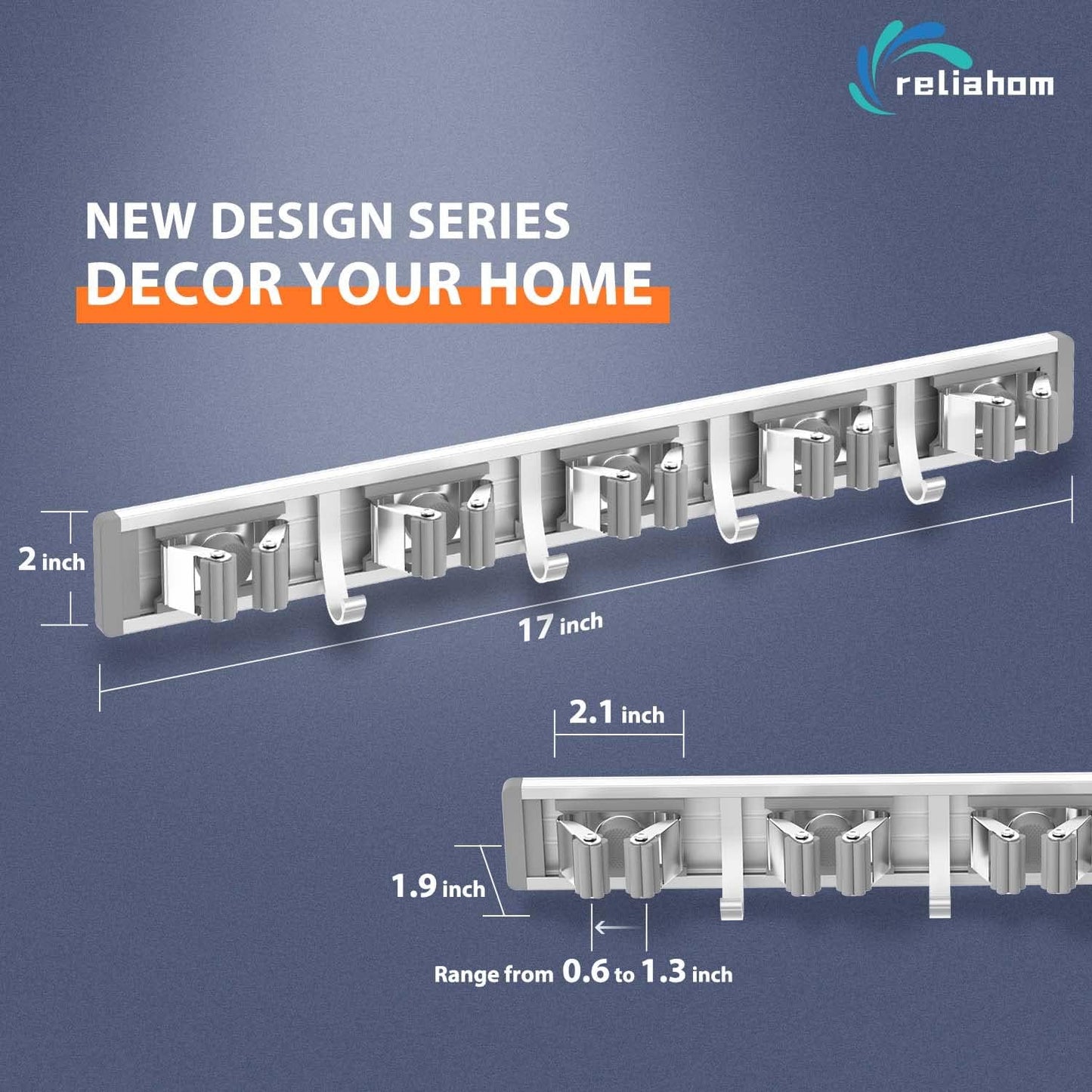 Reliahom Broom Holder Wall Mount - 2 Pack with 5 Racks & 4 Hooks for Garage, Kitchen, Garden Storage