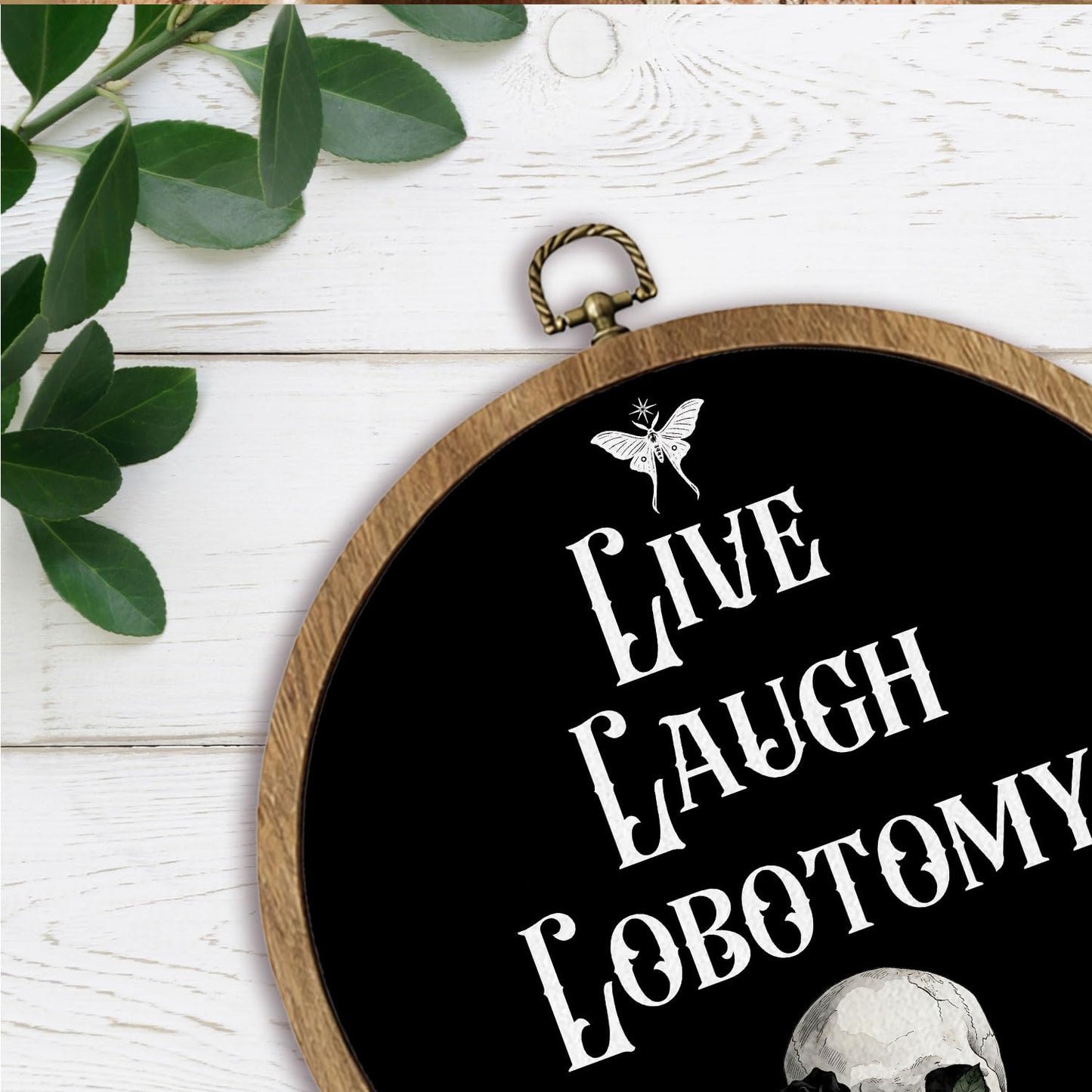 HYKDFMNCJ Dark Humor Gothic Skull Round Framed Wall Art, Live Laugh Lobotomy Funny Skeleton Wall Hanging Canvas Prints Artwork Decorations for Bedroom Living Room Home Office, 10x10 Inch