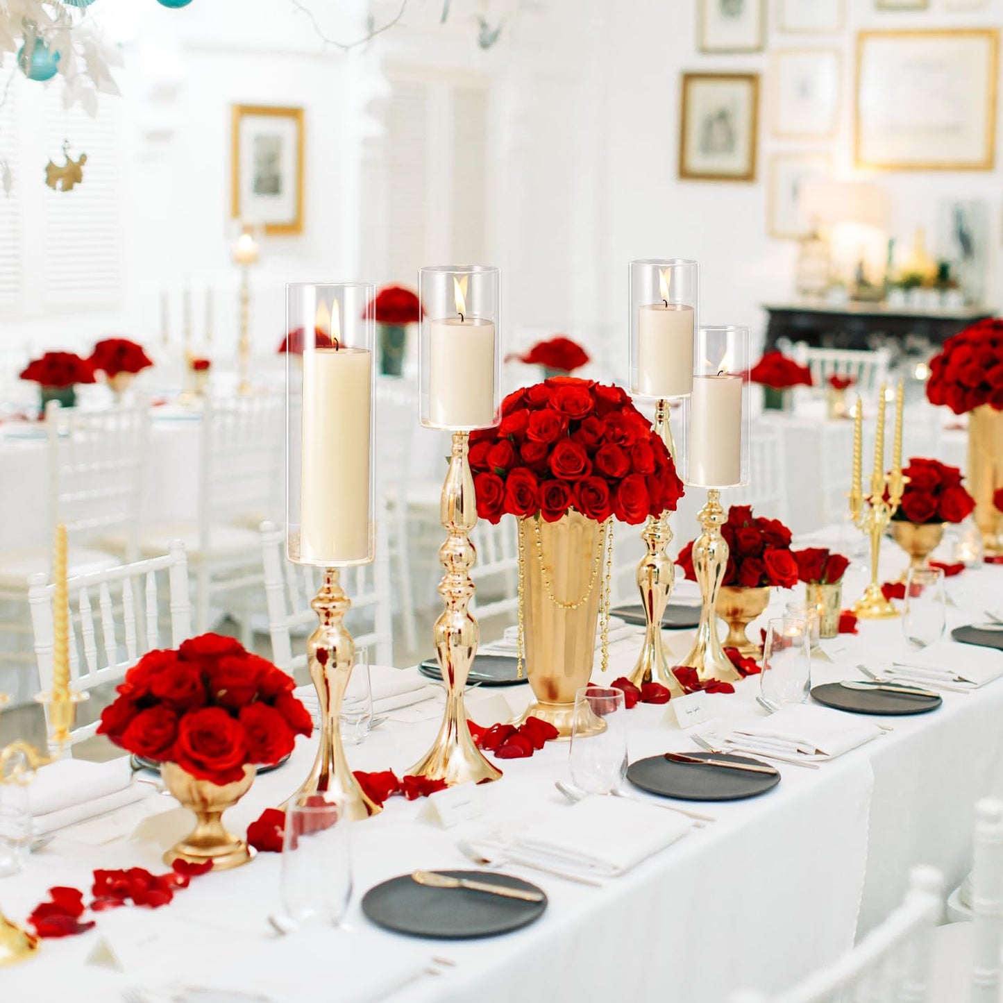 Shihanee Set of 12 Pillar Candles and Glass Cylinder Vases Clear Cylinder CandleHolders for Slim Pillar Candles Wedding Centerpieces(2.6''x 4.7'', 5.9'', 7.9'',Ivory White)