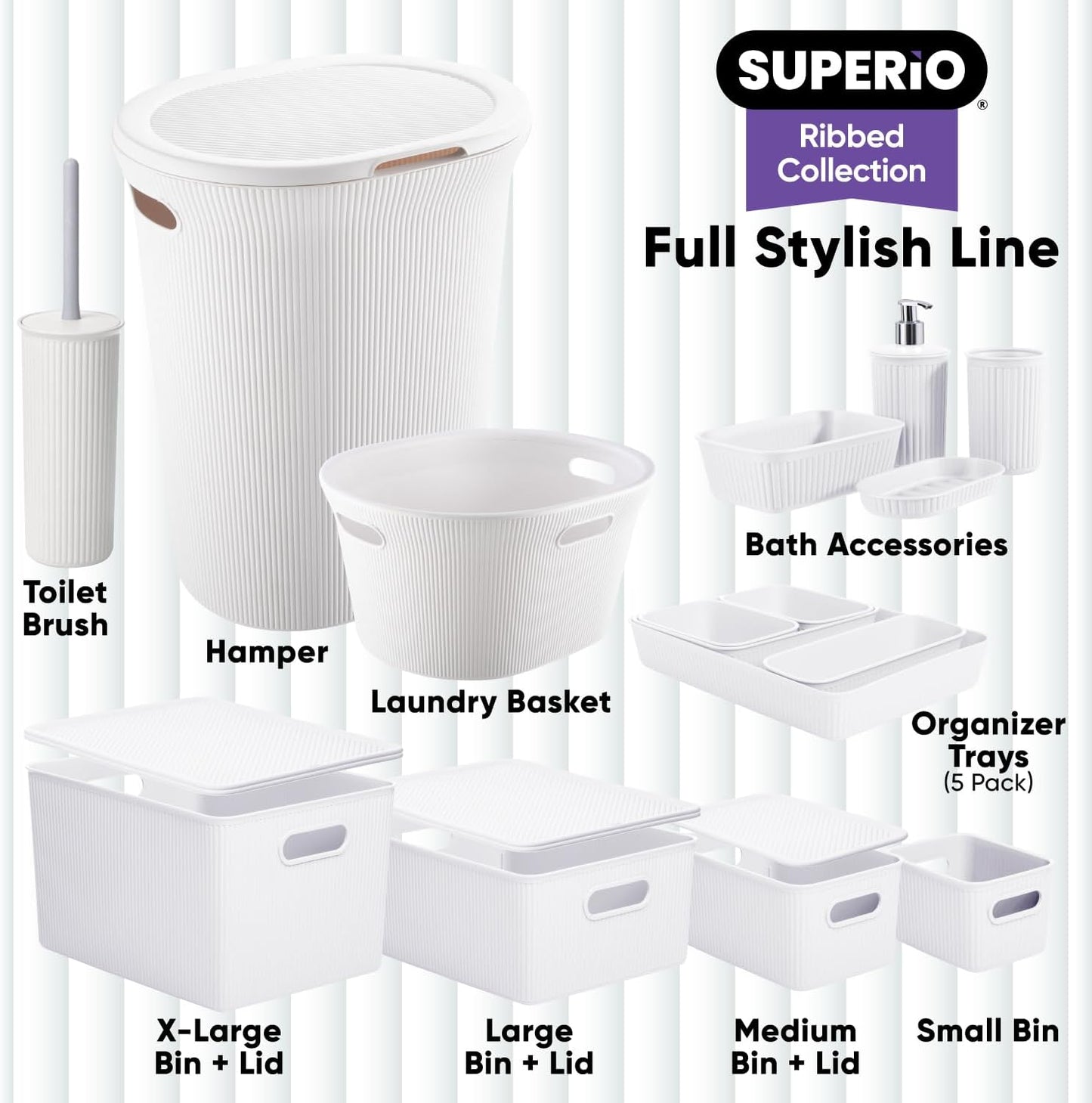 Superio Ribbed Collection - Large White Decorative Plastic Open Storage Bins, 2 Pack for Organizing